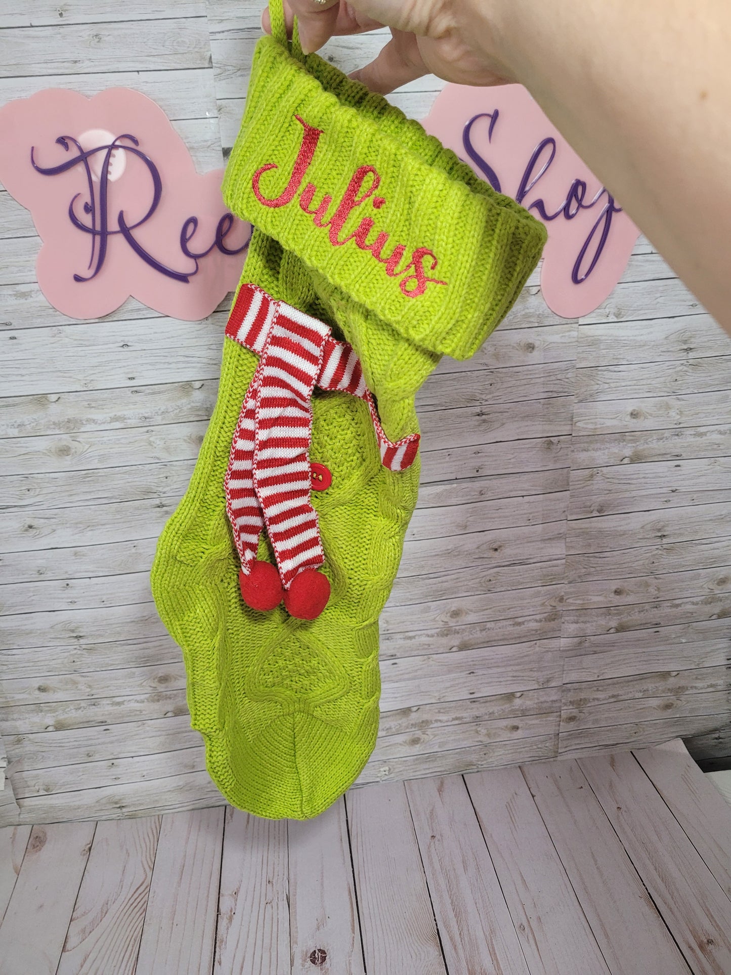 Personalized Green Christmas Stocking with Red & White Scarf – Custom Name Holiday Stocking