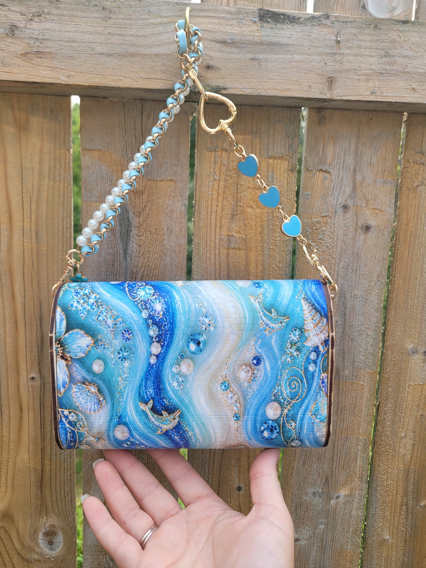 π Ocean Pearl Dolphin Wooden Clutch Purse | Handmade Coastal Crossbody with Pearl Chain π