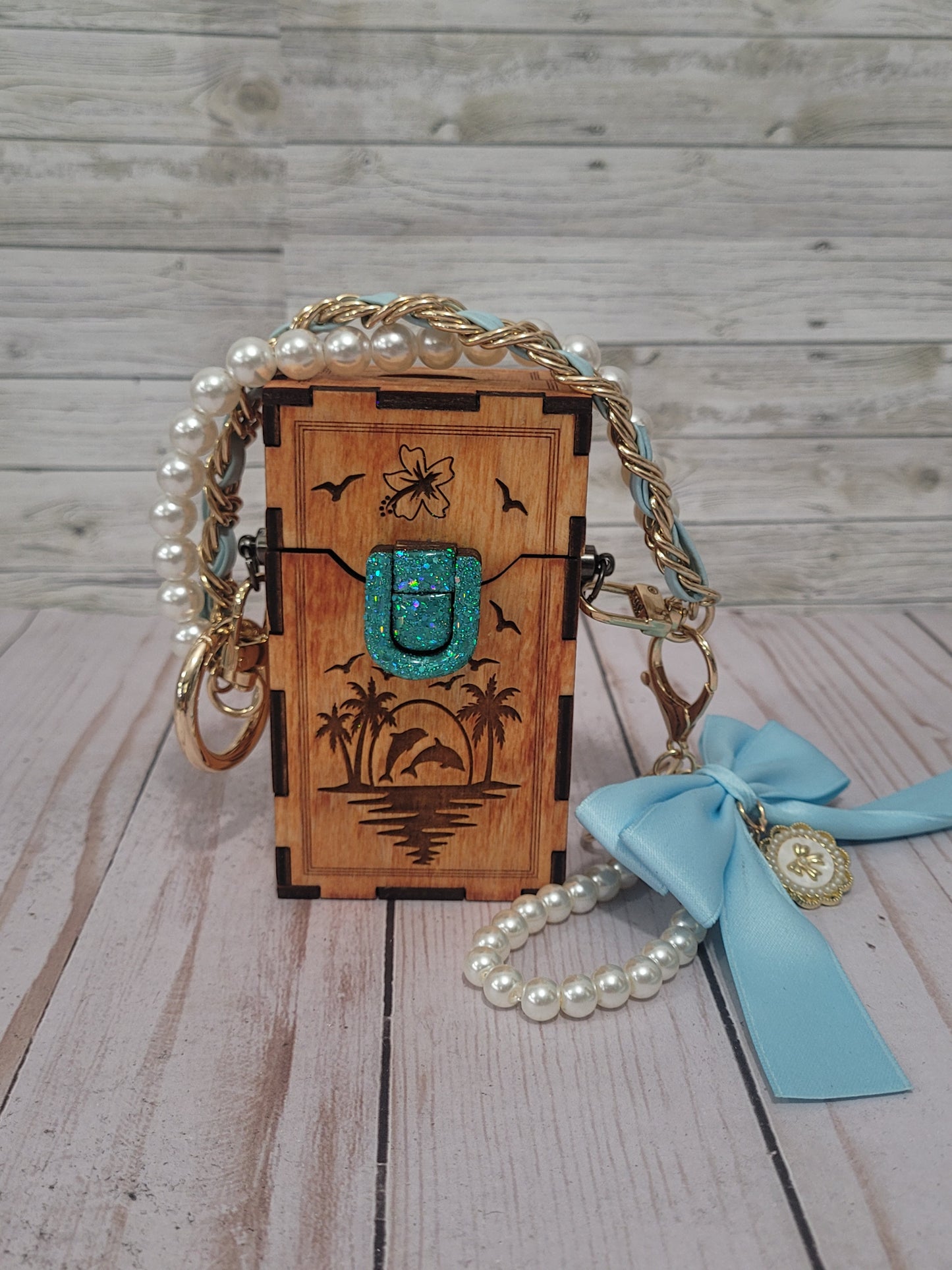 Mini Wooden Clip-On Bag | Engraved Dolphin Design | Pearl Handle | Customizable Add-On Purse