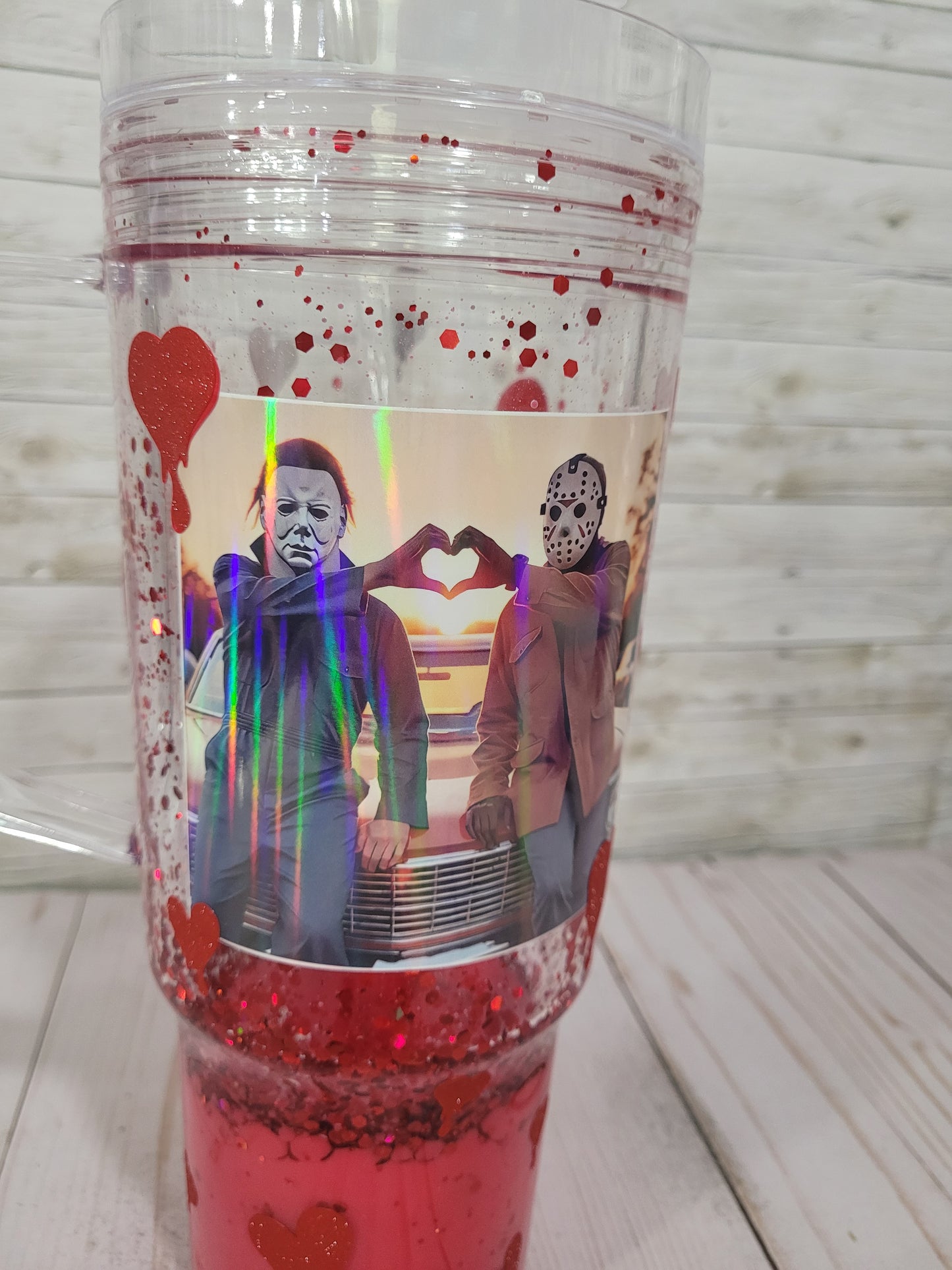 Bloody Valentine Horror Couple Snow Globe Tumbler – Michael Myers & Jason Glitter Cup – Creepy Cute Horror Movie Gift