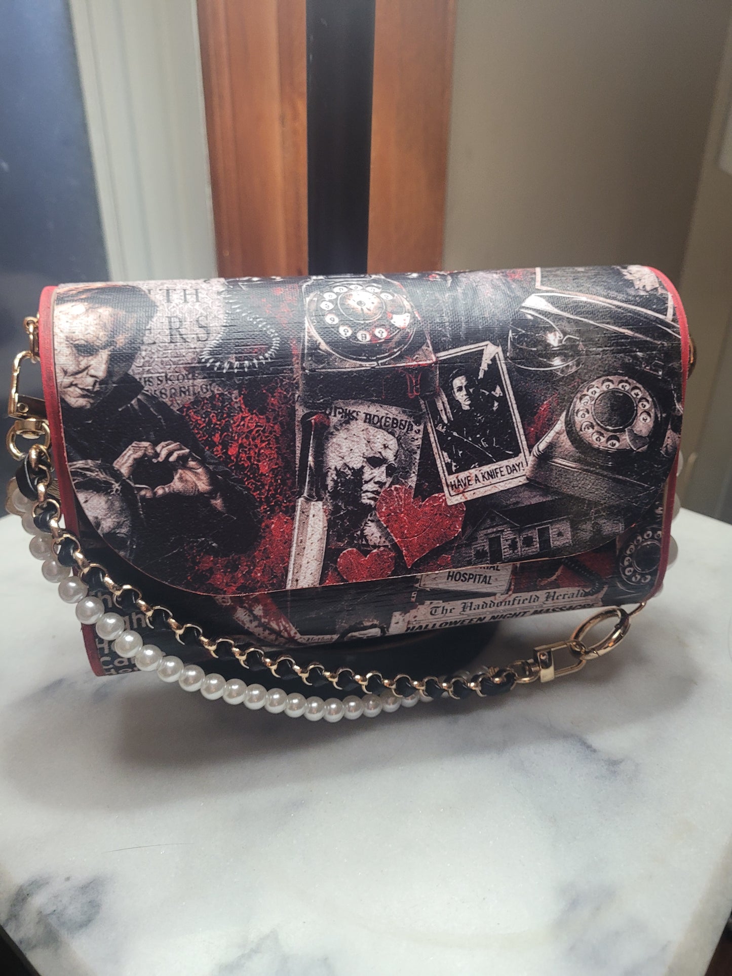 Vintage Horror Collage Wooden Purse | Handmade Spooky Statement Bag | Gothic Halloween Handbag