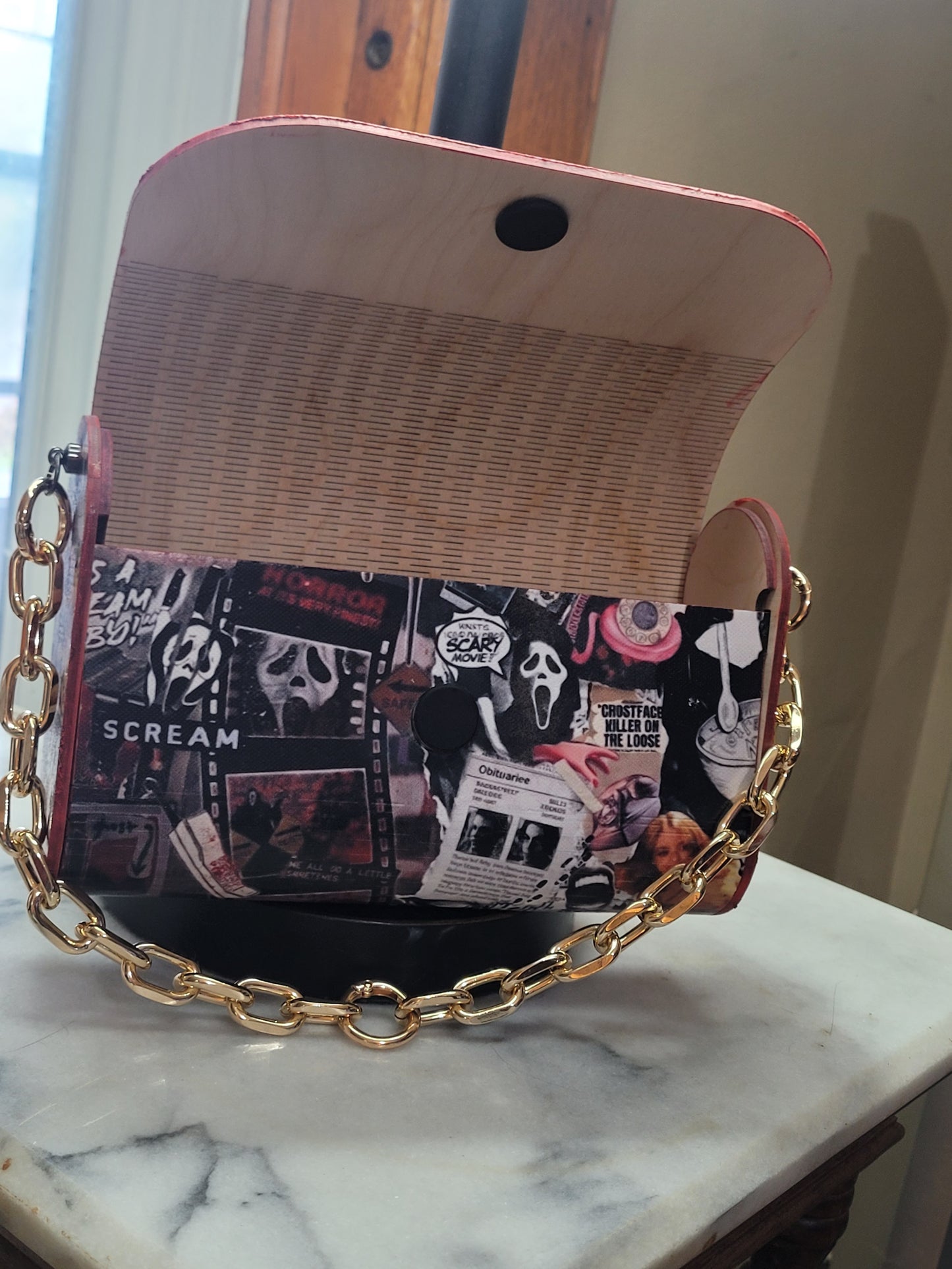 Midnight Horror Collage Handmade Wooden Crossbody Purse