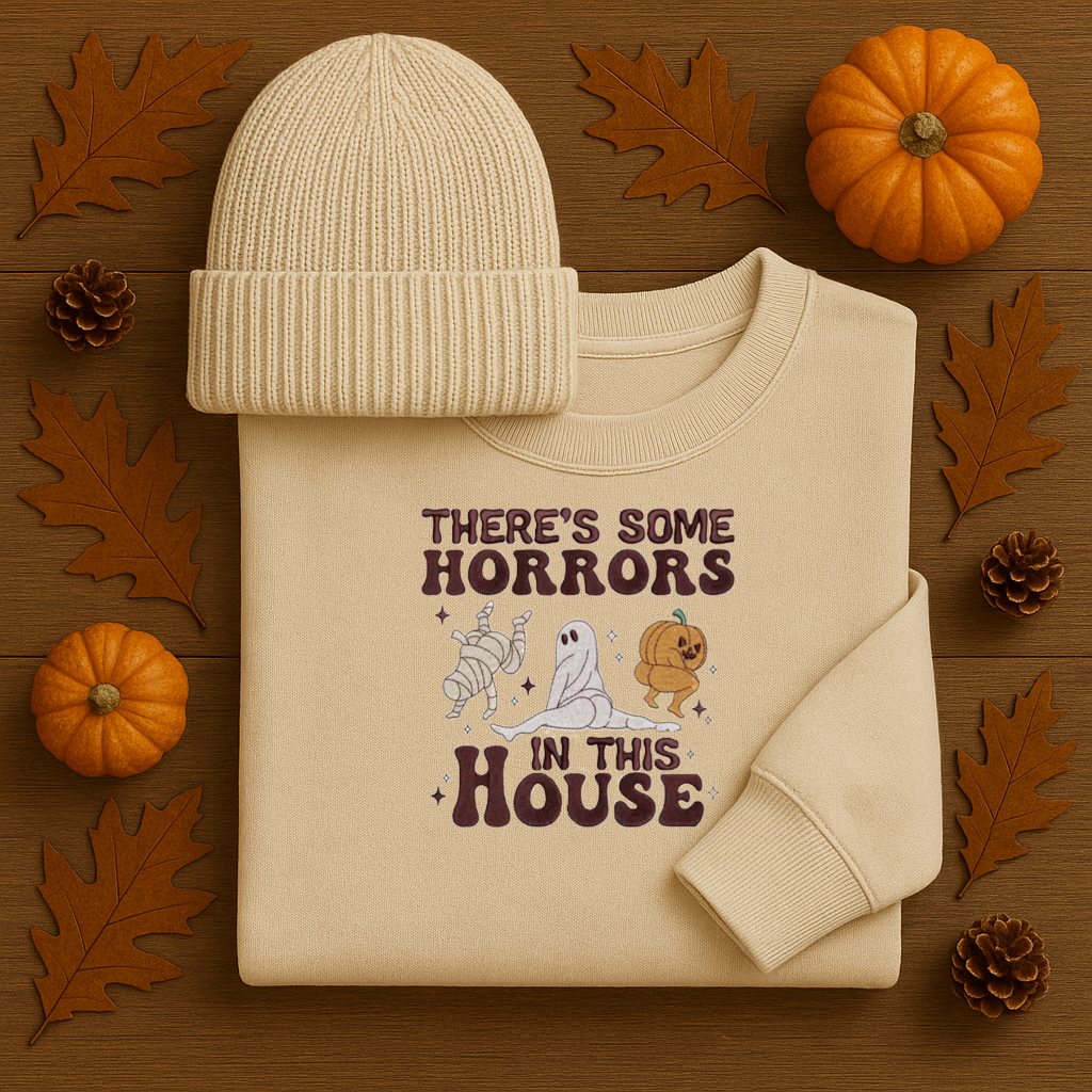 There’s Some Horrors in This House Sweatshirt & Beanie | Halloween Graphic Set | Fall Cozy Outfit