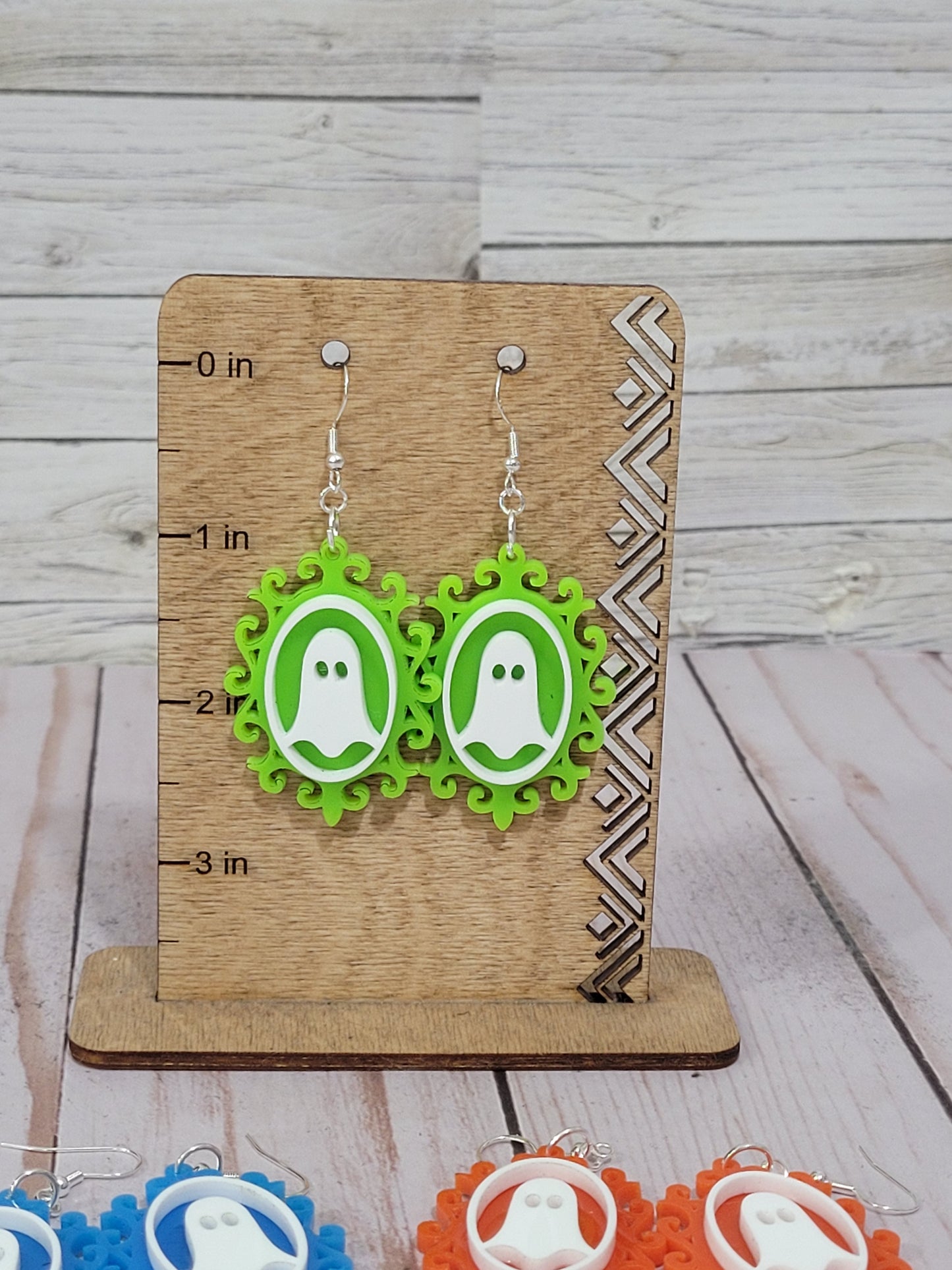 Spooky Ghost Halloween Earrings – Acrylic Statement Jewelry (Orange, Blue, Green)