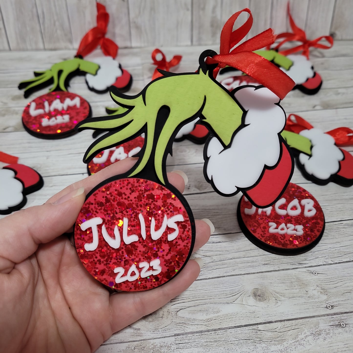 Personalized Green Hand Christmas Ornament – Custom Name Holiday Bauble