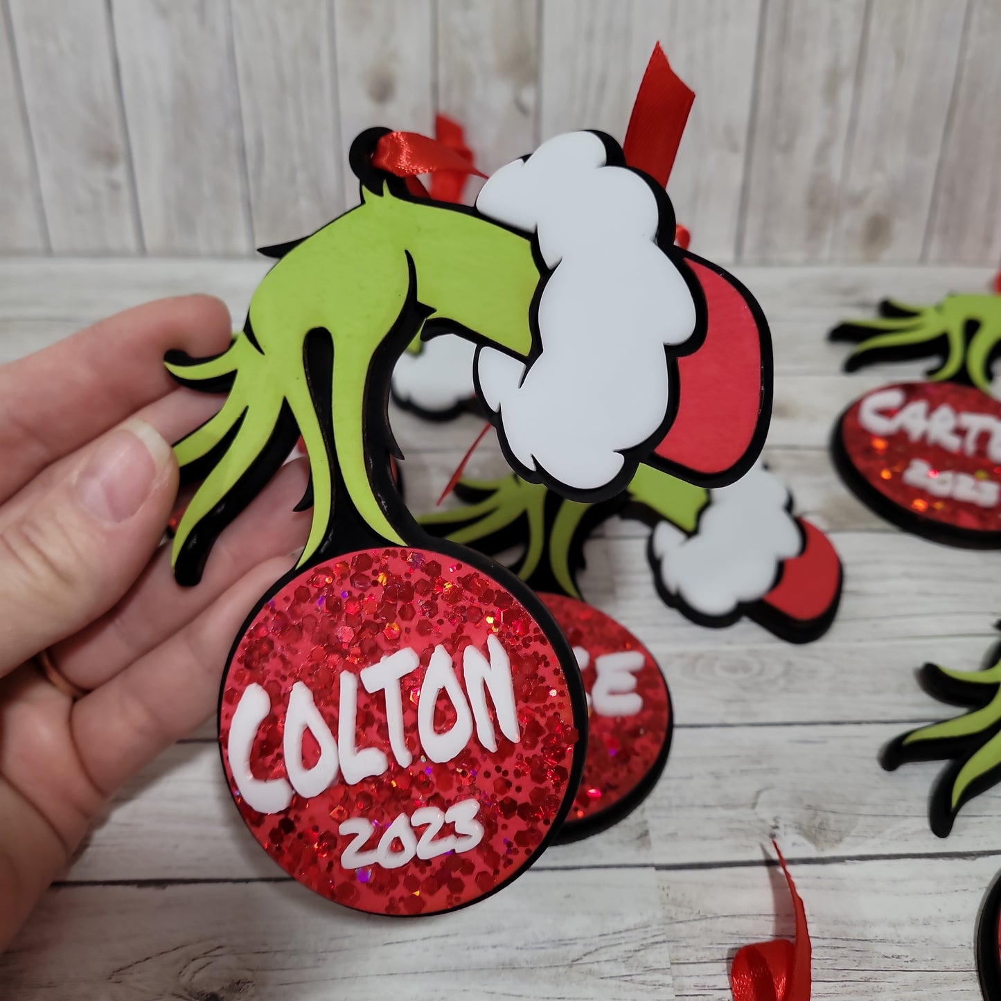 Personalized Green Hand Christmas Ornament – Custom Name Holiday Bauble