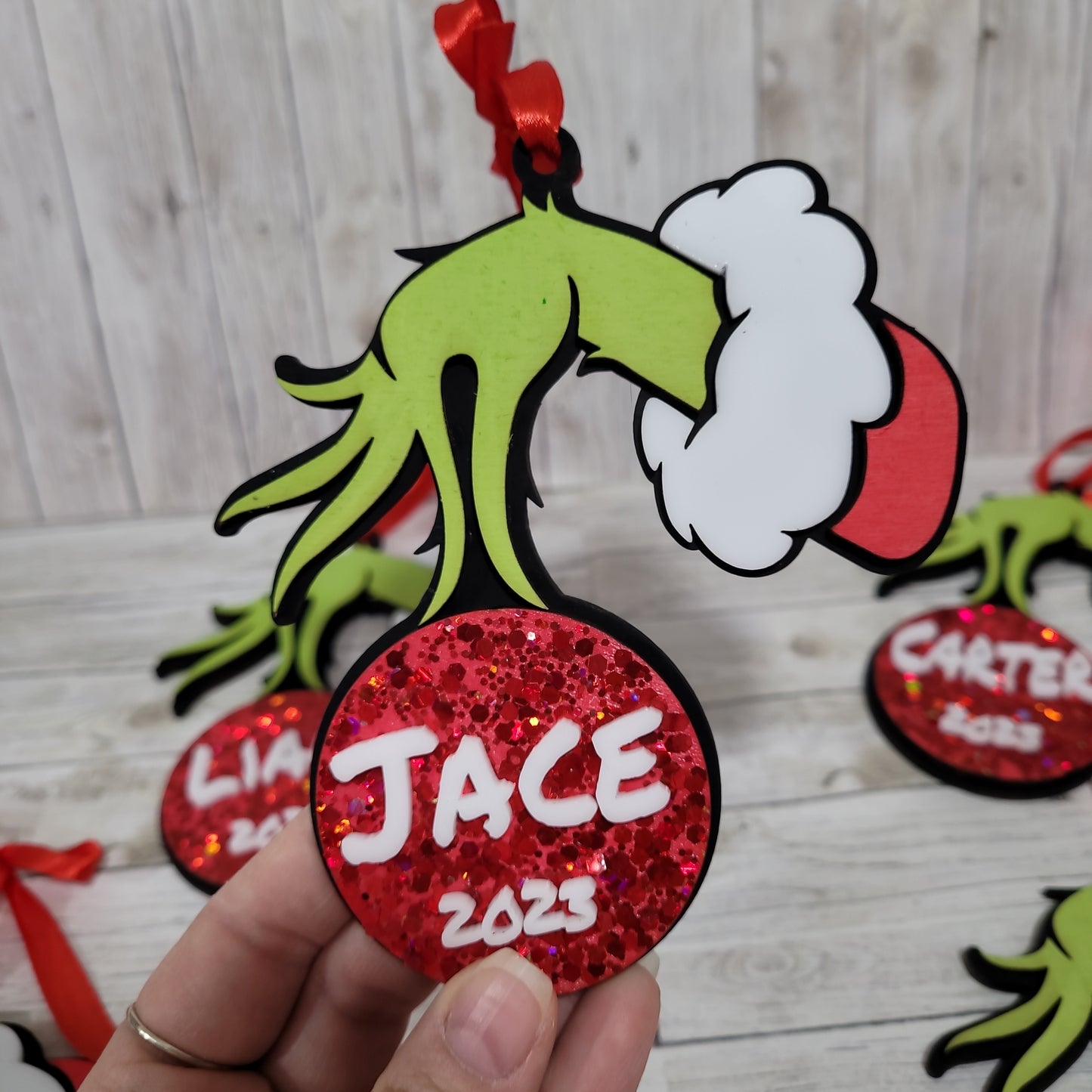 Personalized Green Hand Christmas Ornament – Custom Name Holiday Bauble