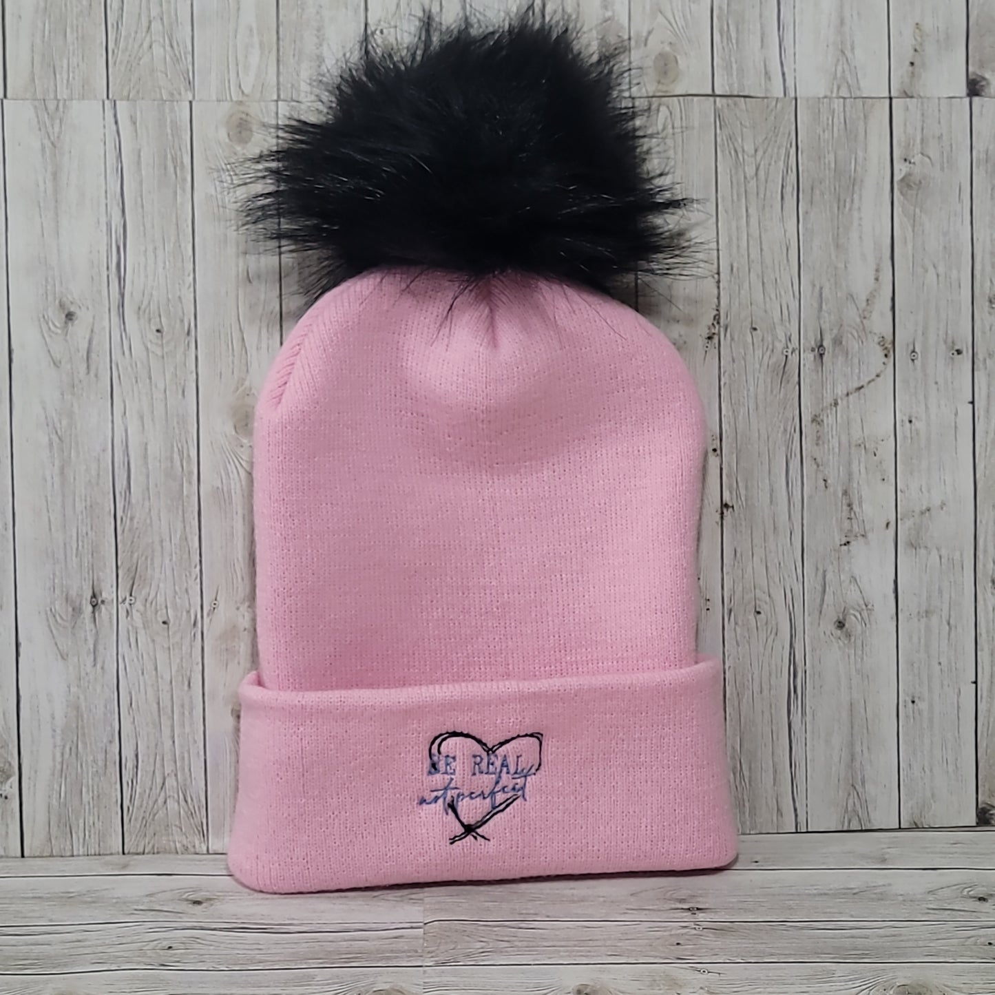 Pink Pom Beanie – Embroidered Heart Winter Hat