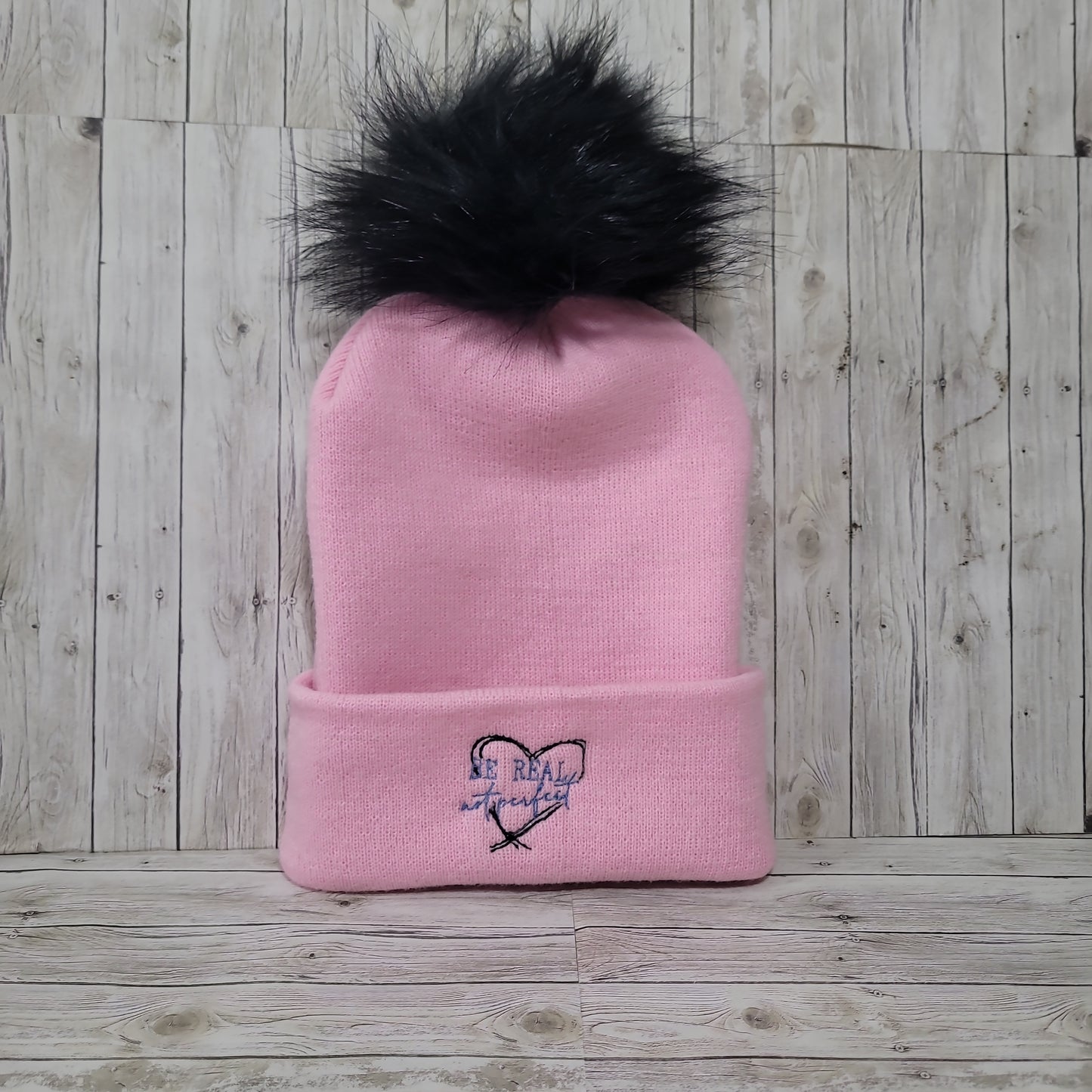 Pink Pom Beanie – Embroidered Heart Winter Hat