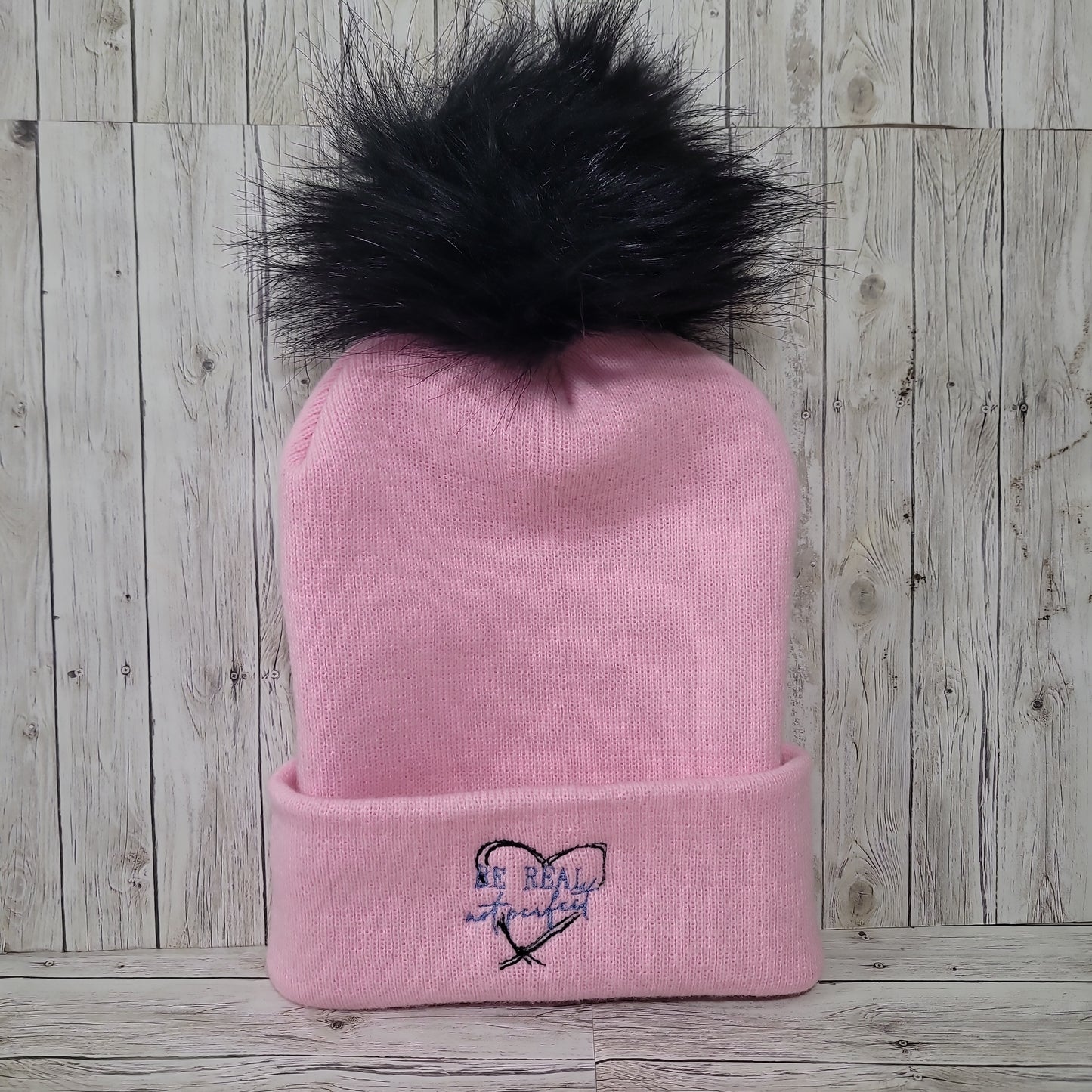 Pink Pom Beanie – Embroidered Heart Winter Hat