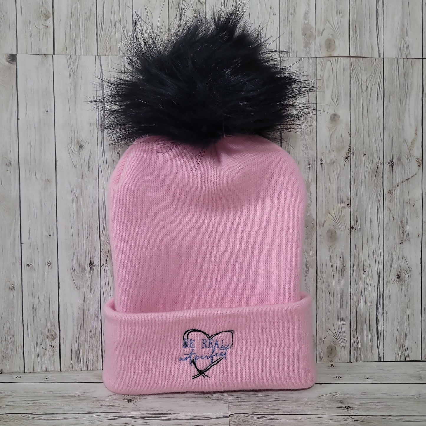 Pink Pom Beanie – Embroidered Heart Winter Hat