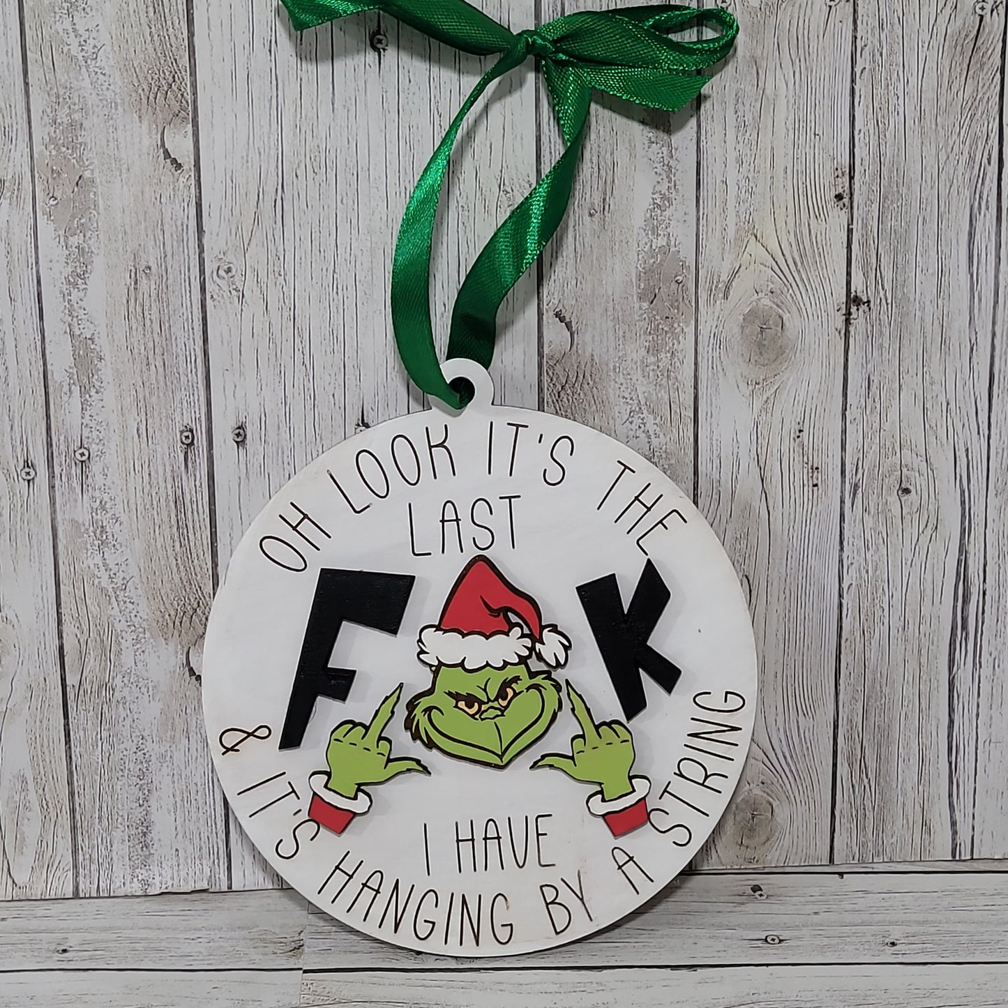 Funny Grinch Ornament Set of 2 – “Last F*ck Hanging by a String” Christmas Tree Decorations