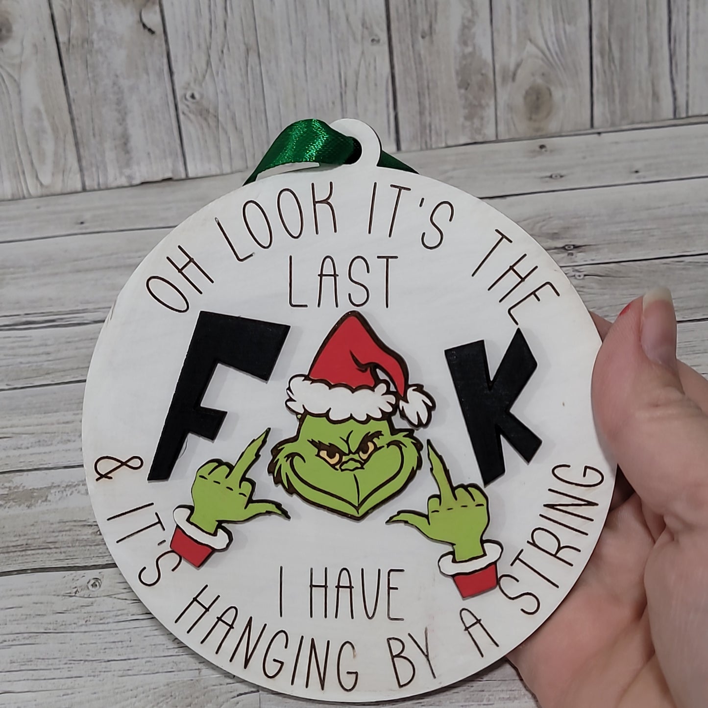 Funny Grinch Ornament Set of 2 – “Last F*ck Hanging by a String” Christmas Tree Decorations