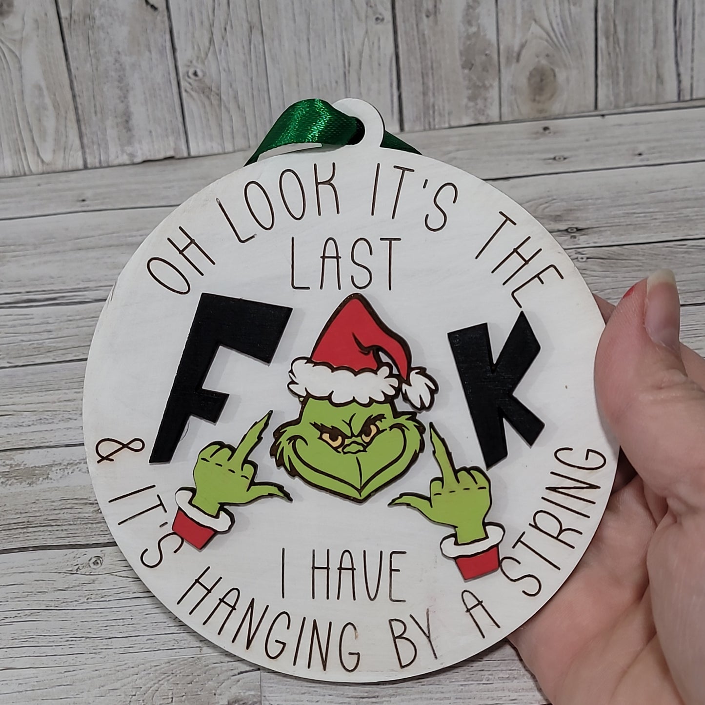 Funny Grinch Ornament Set of 2 – “Last F*ck Hanging by a String” Christmas Tree Decorations
