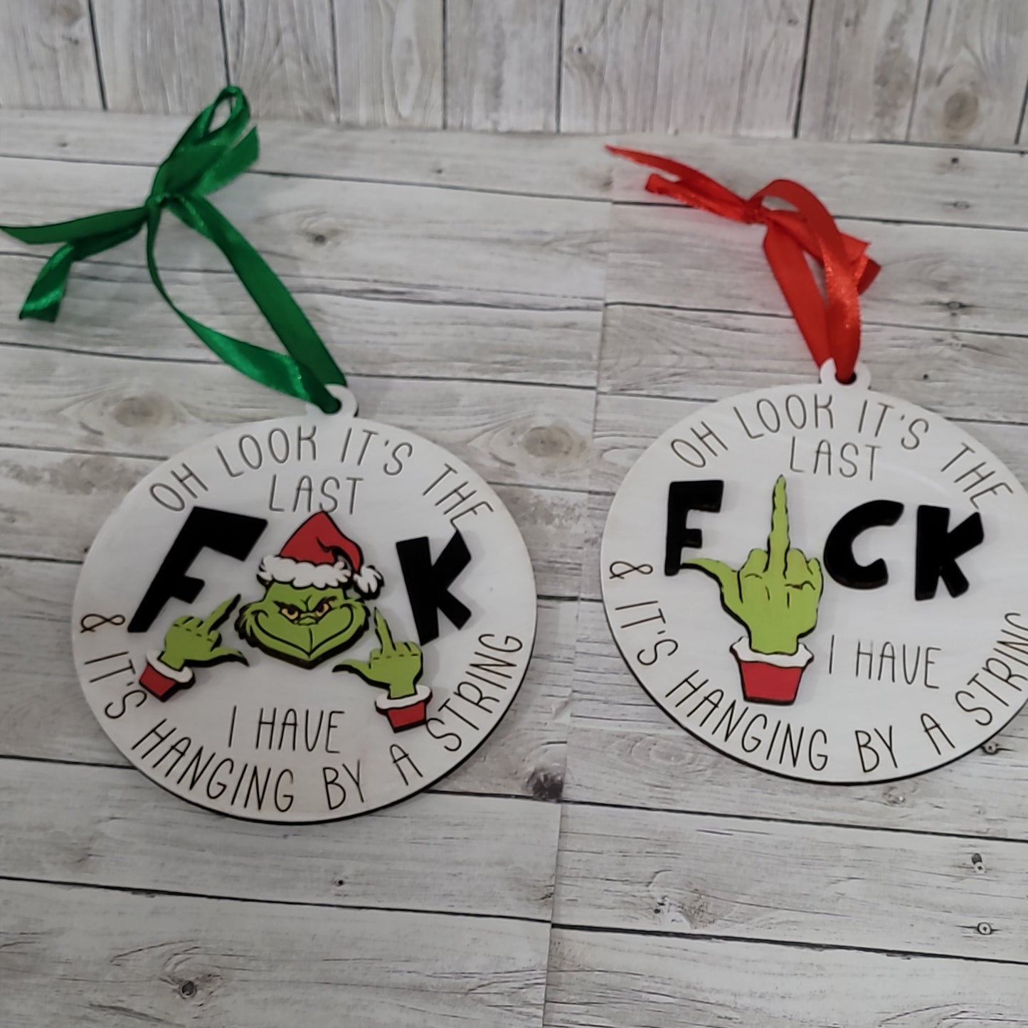 Funny Grinch Ornament Set of 2 – “Last F*ck Hanging by a String” Christmas Tree Decorations