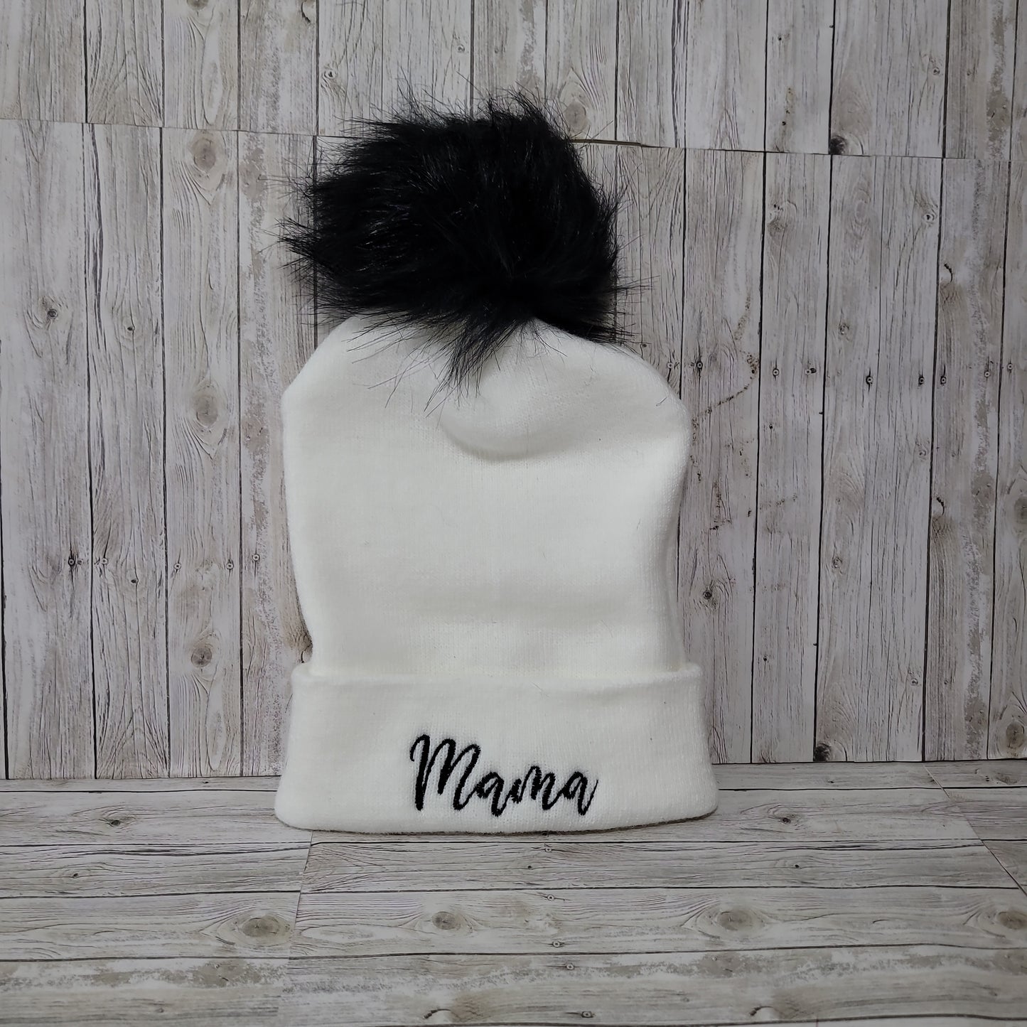 Mama Embroidered Beanie with Faux Fur Pom – Cozy Winter Hat