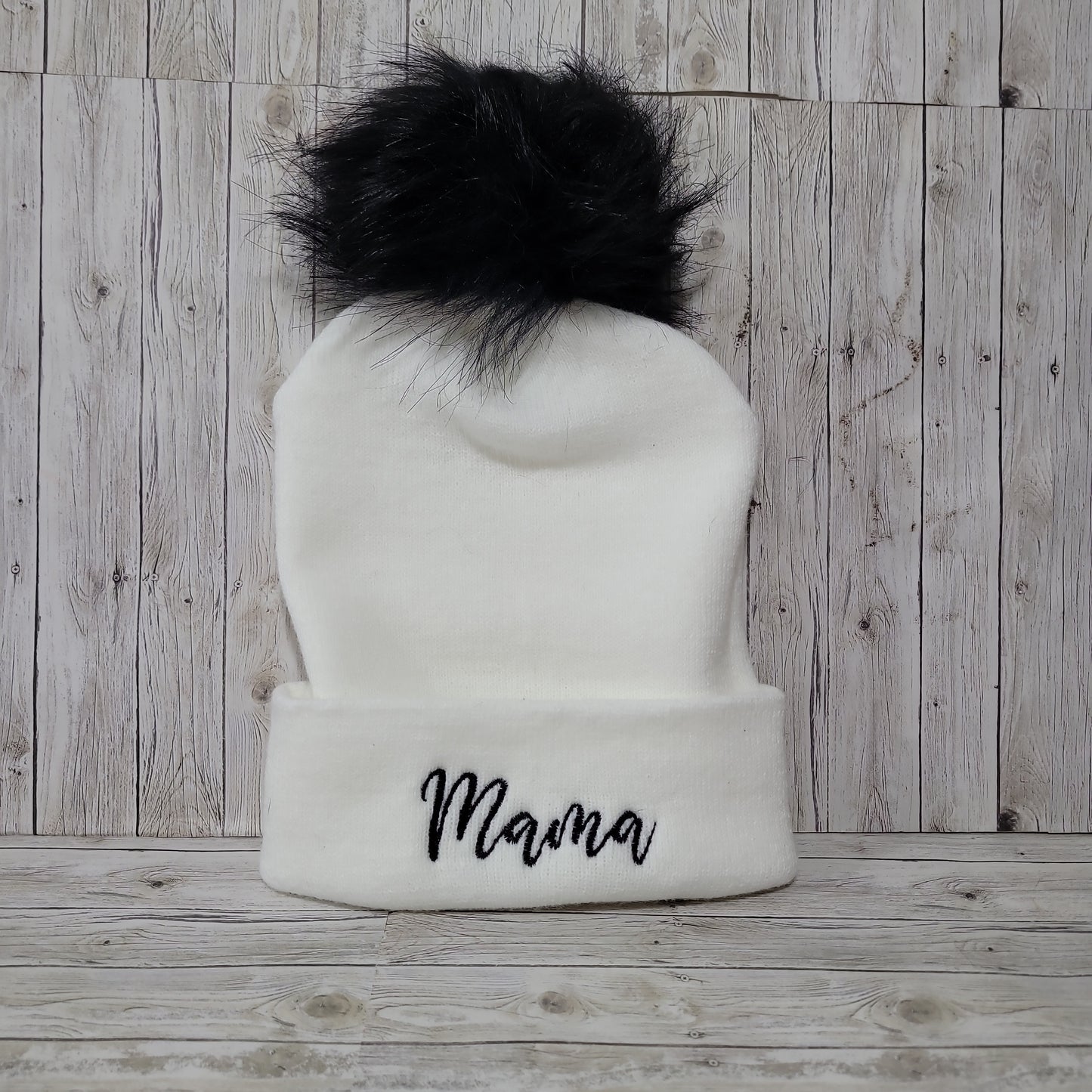 Mama Embroidered Beanie with Faux Fur Pom – Cozy Winter Hat