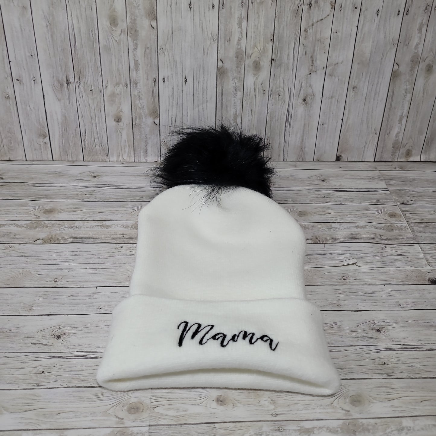 Mama Embroidered Beanie with Faux Fur Pom – Cozy Winter Hat
