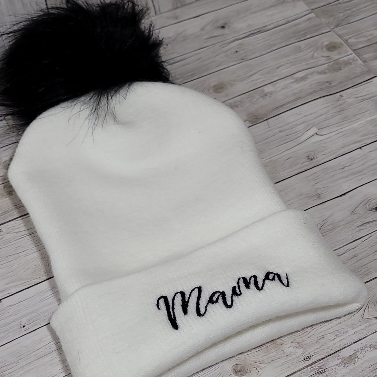 Mama Embroidered Beanie with Faux Fur Pom – Cozy Winter Hat