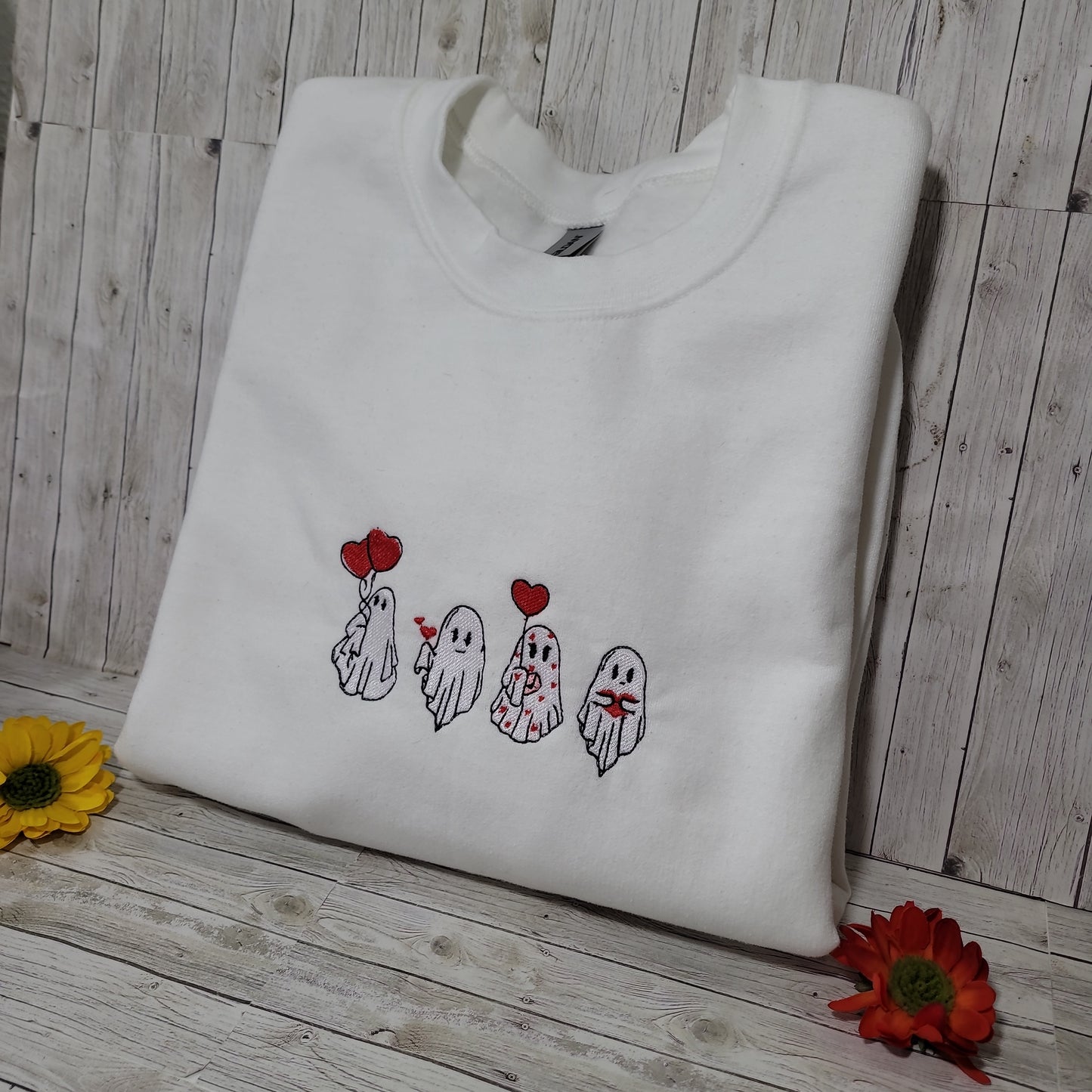 Embroidered Ghost Sweatshirt – Cute Valentine’s Day Ghosts with Hearts