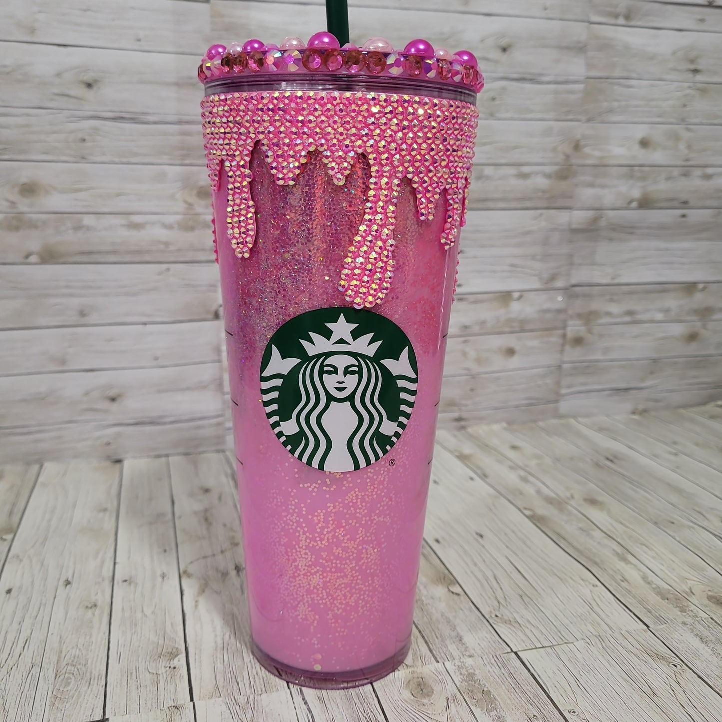 Custom Pink Rhinestone Bling Tumbler – Glitter Drip Reusable Cup with Straw