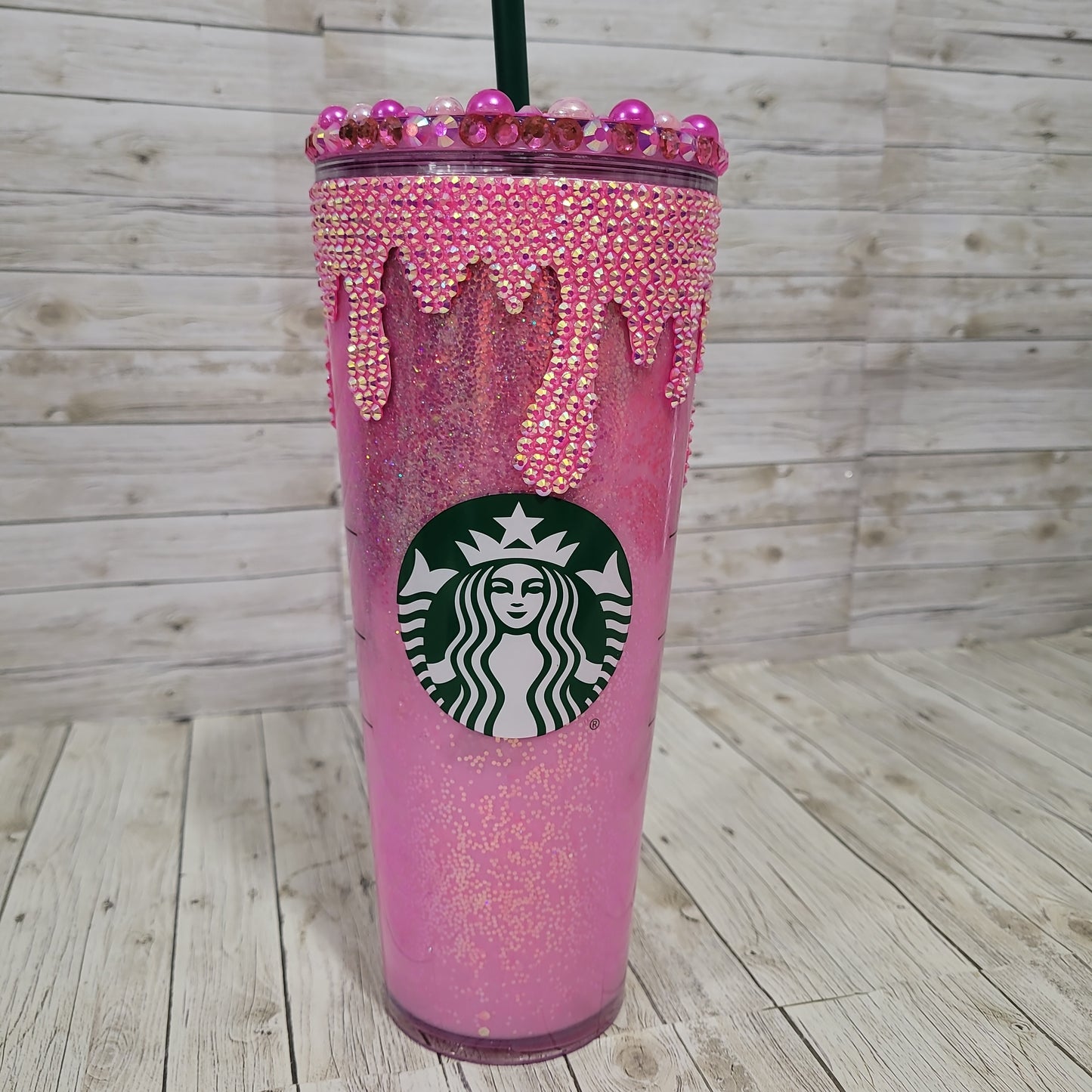 Custom Pink Rhinestone Bling Tumbler – Glitter Drip Reusable Cup with Straw