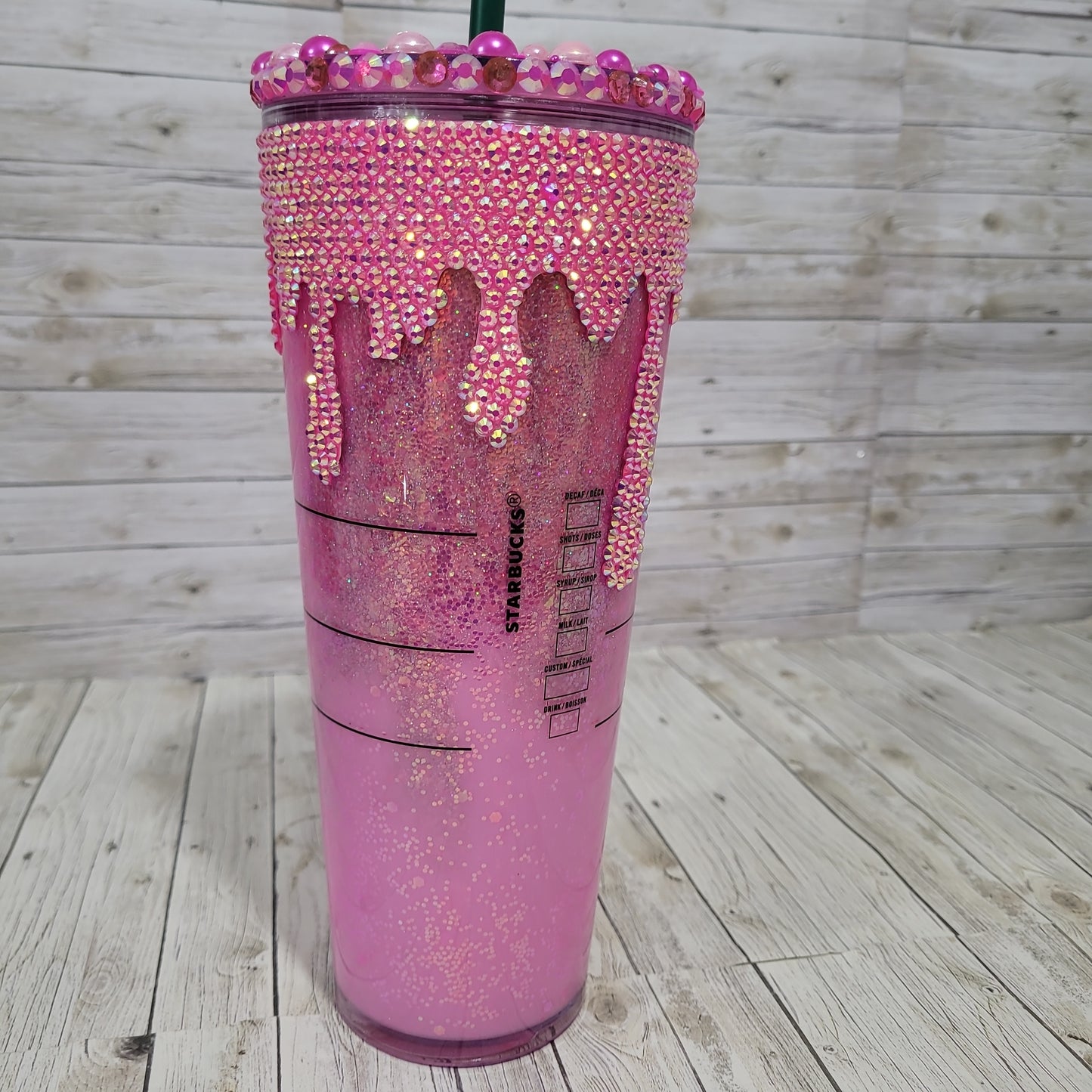 Custom Pink Rhinestone Bling Tumbler – Glitter Drip Reusable Cup with Straw