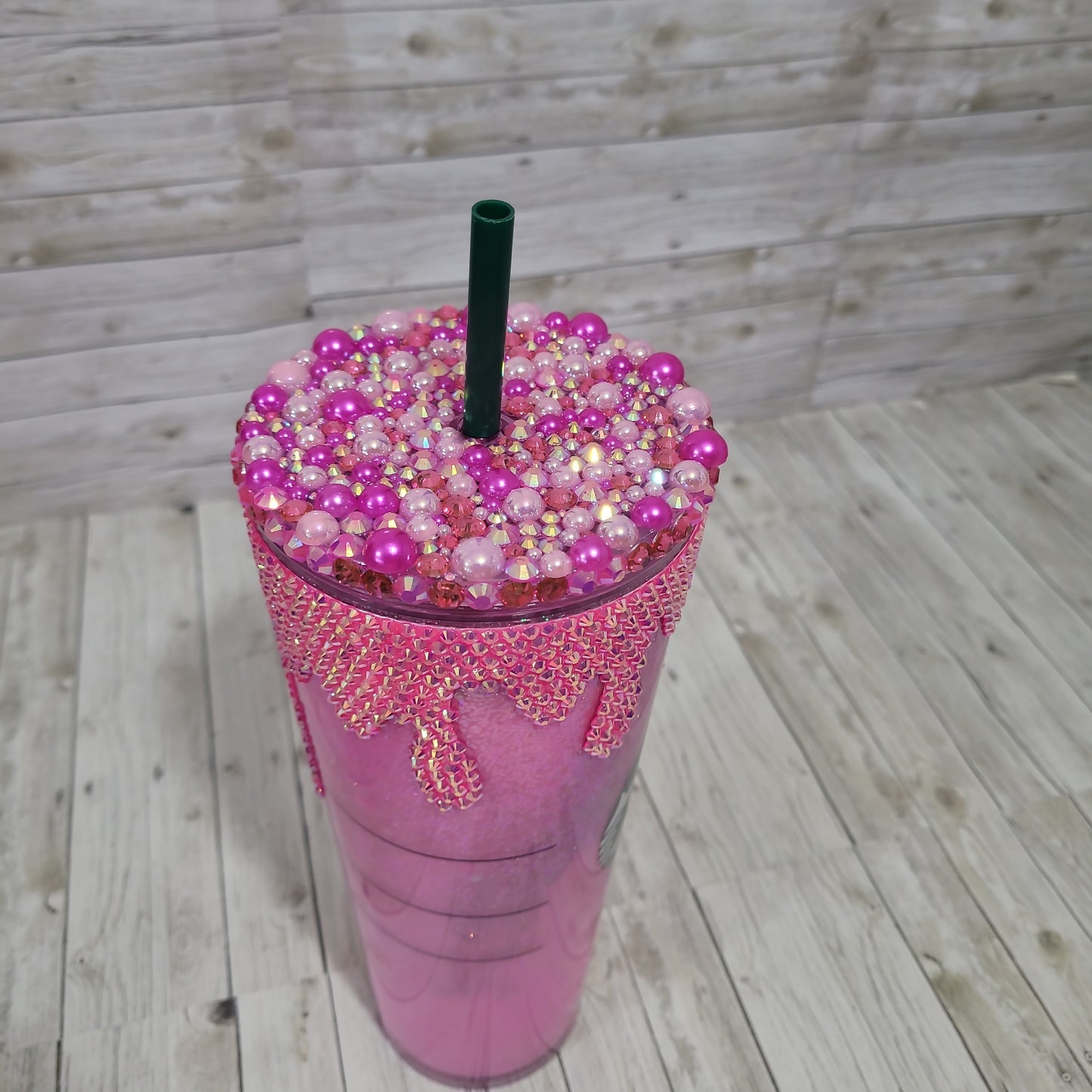 Custom Pink Rhinestone Bling Tumbler – Glitter Drip Reusable Cup with Straw