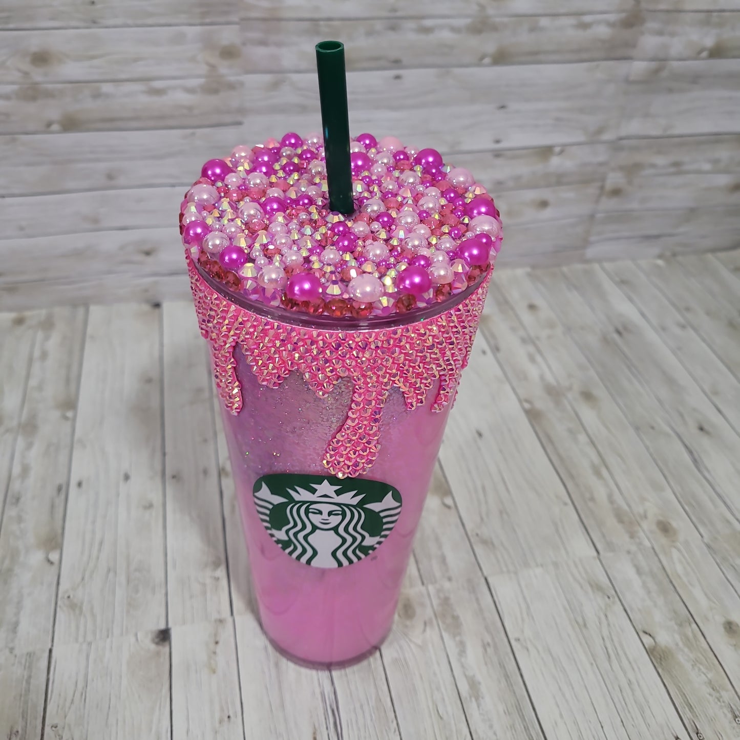 Custom Pink Rhinestone Bling Tumbler – Glitter Drip Reusable Cup with Straw