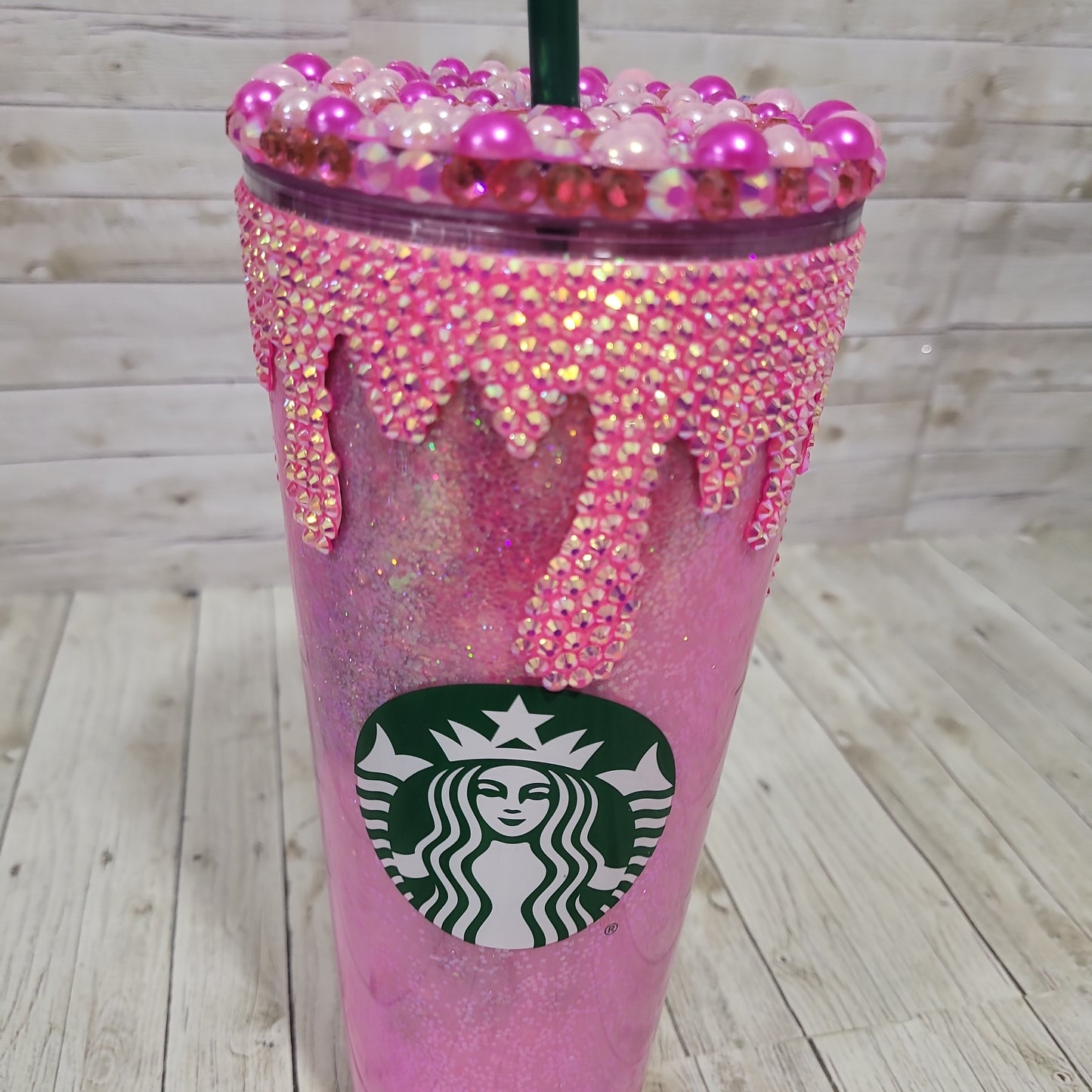 Custom Pink Rhinestone Bling Tumbler – Glitter Drip Reusable Cup with Straw