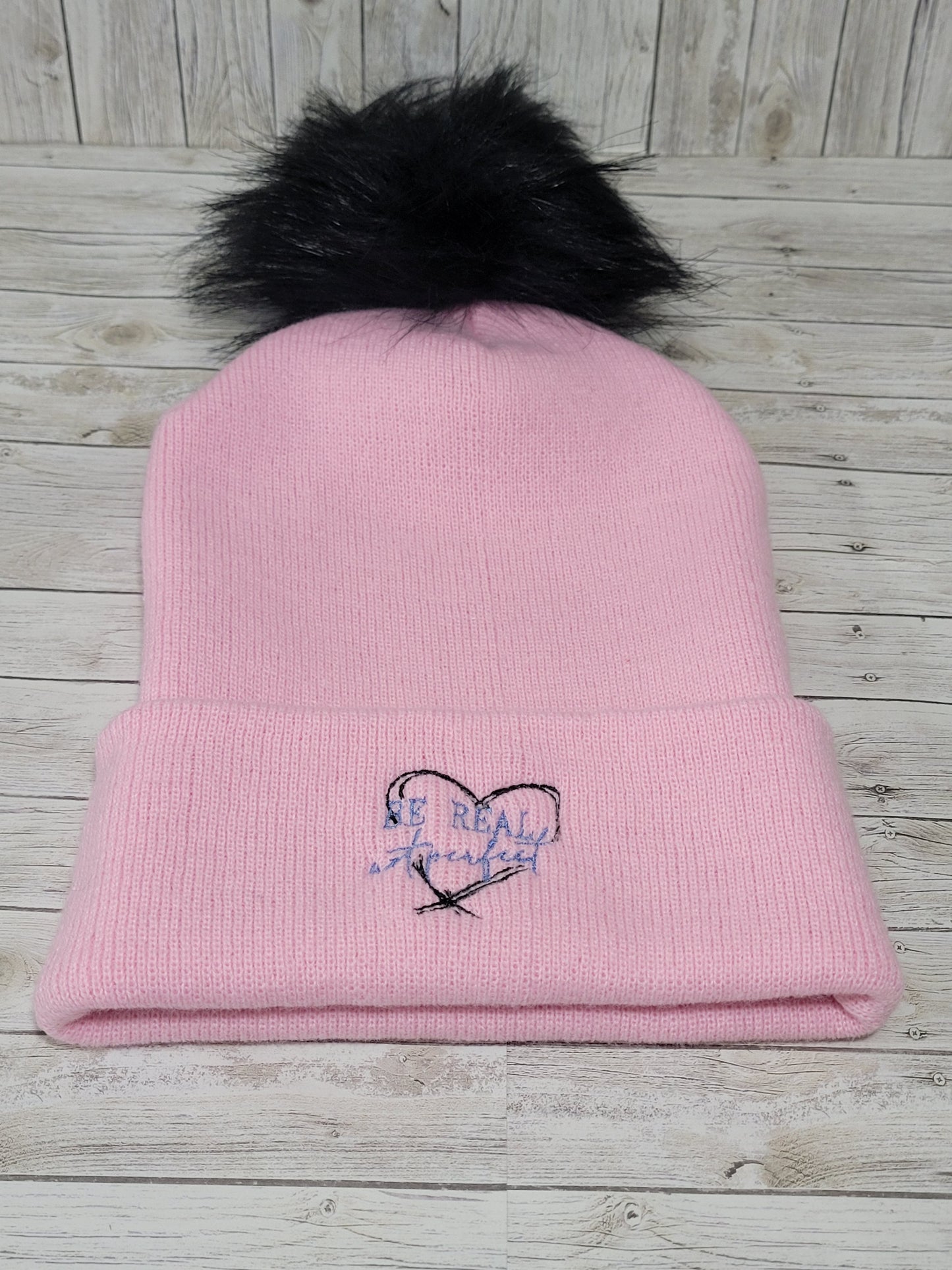 Pink Pom Beanie – Embroidered Heart Winter Hat