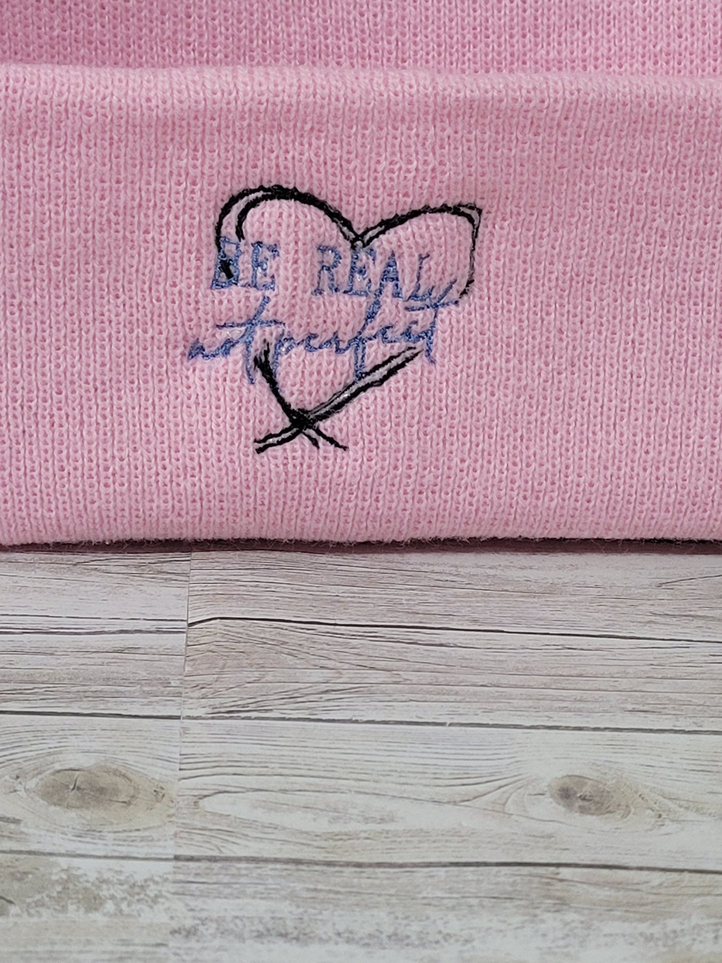 Pink Pom Beanie – Embroidered Heart Winter Hat