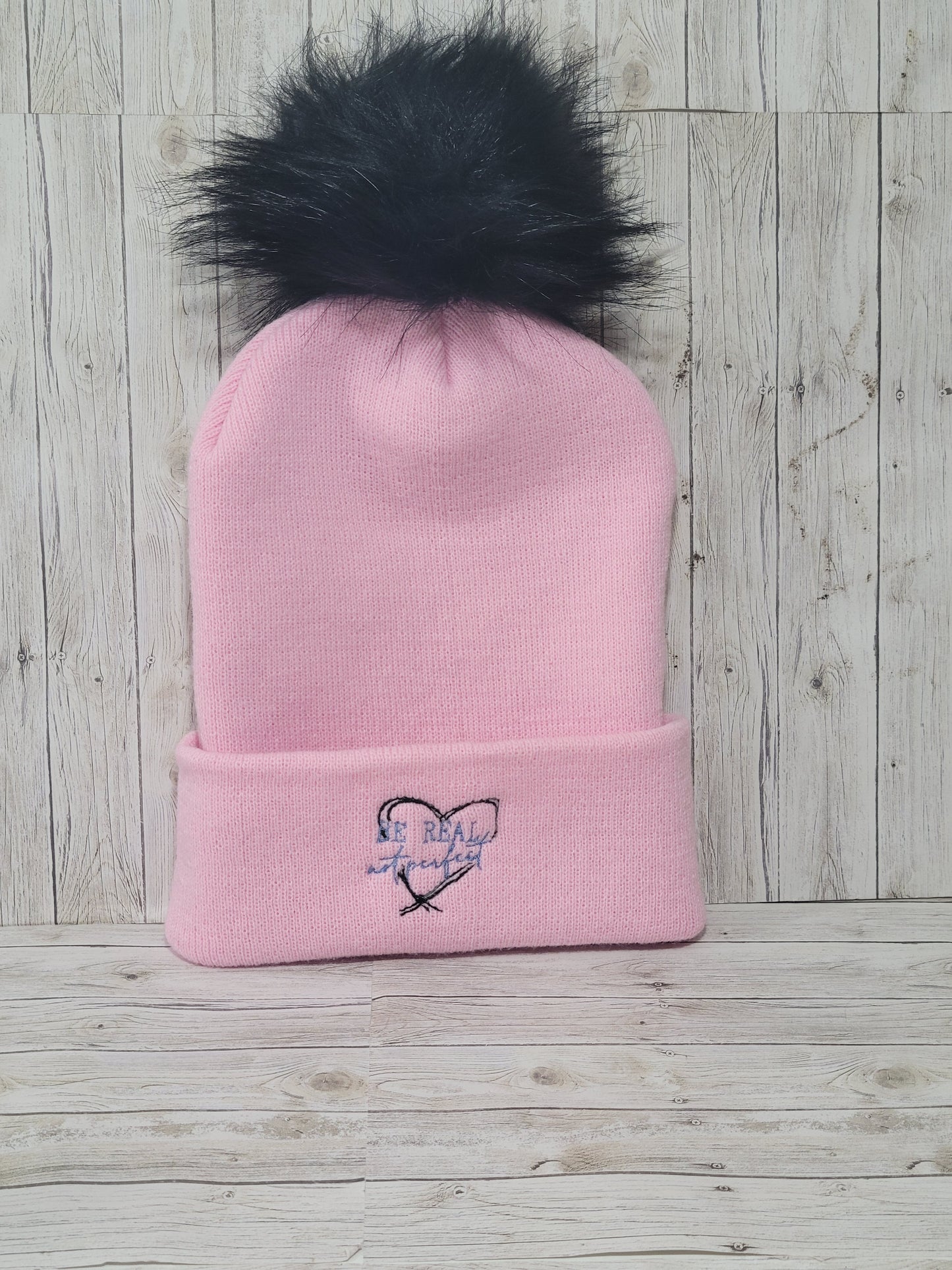 Pink Pom Beanie – Embroidered Heart Winter Hat