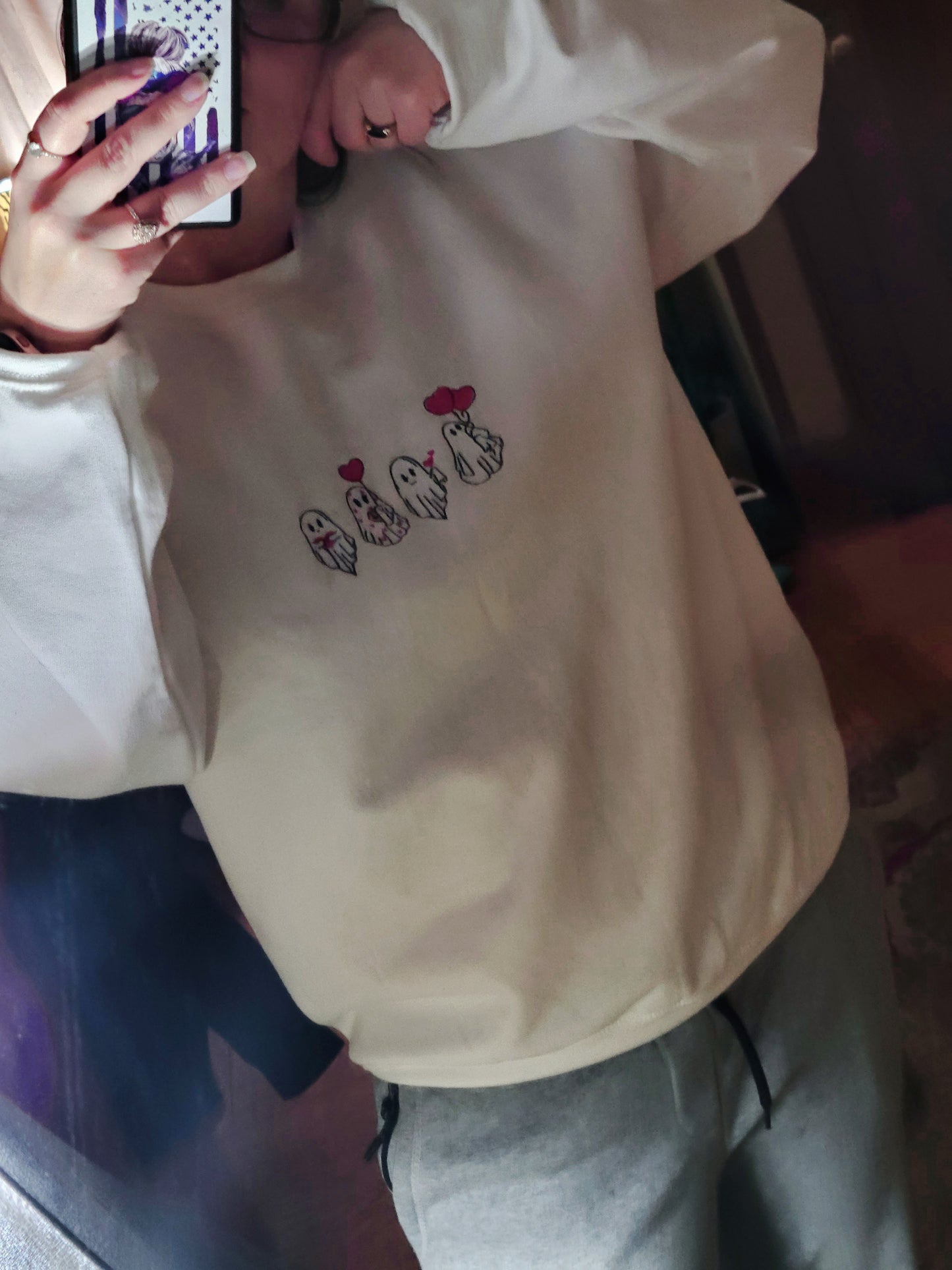 Embroidered Ghost Sweatshirt – Cute Valentine’s Day Ghosts with Hearts