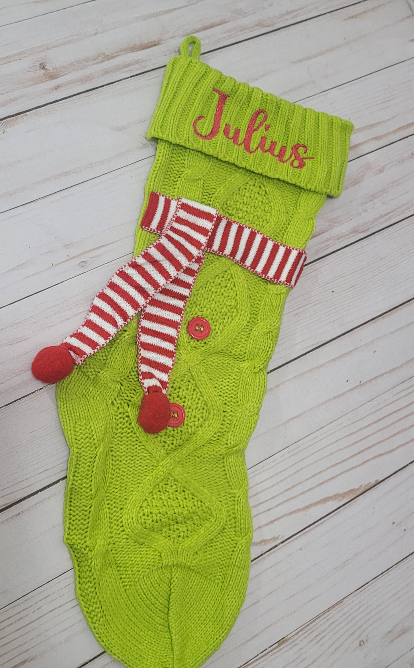 Personalized Green Christmas Stocking with Red & White Scarf – Custom Name Holiday Stocking
