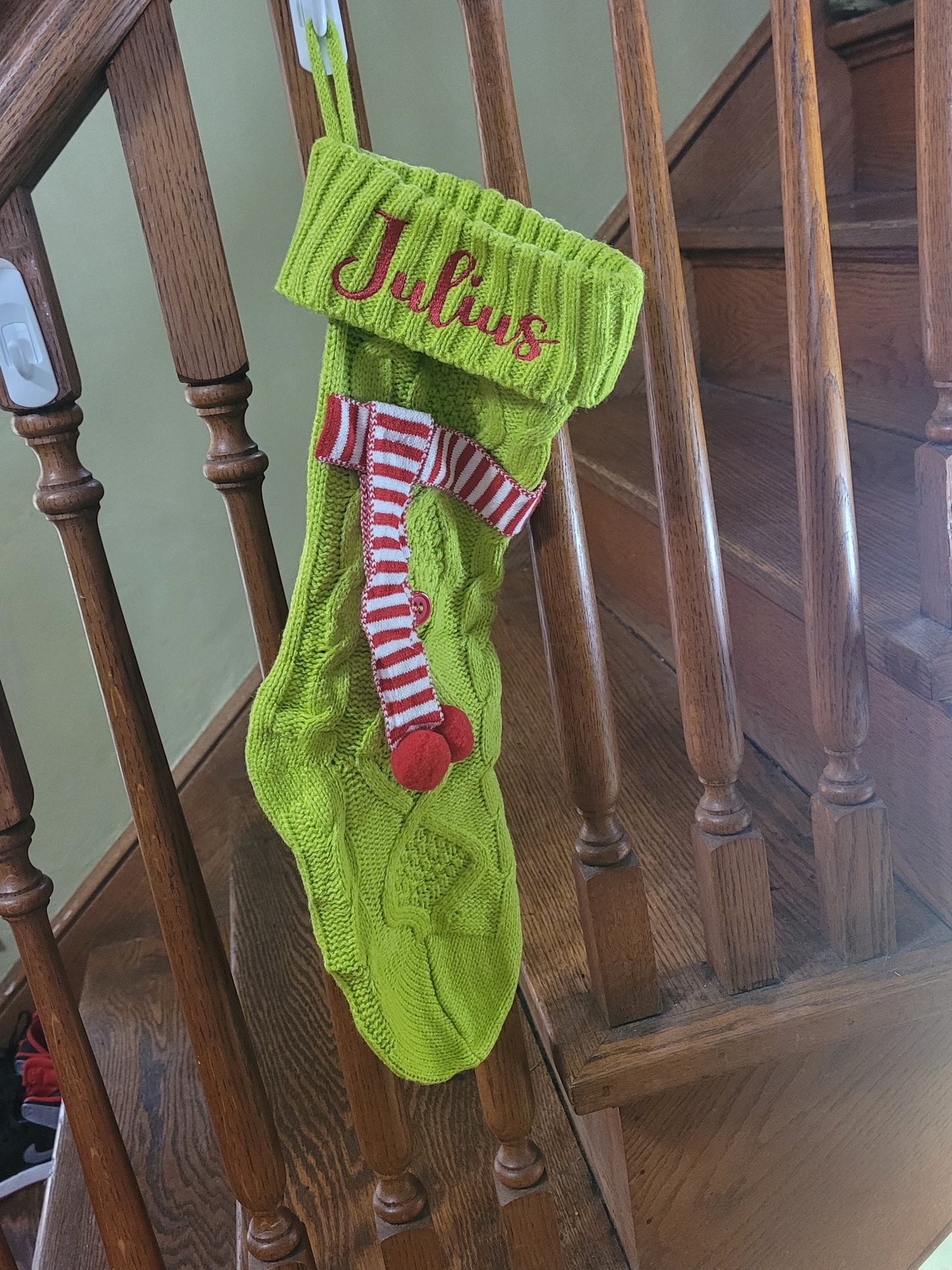 Personalized Green Christmas Stocking with Red & White Scarf – Custom Name Holiday Stocking