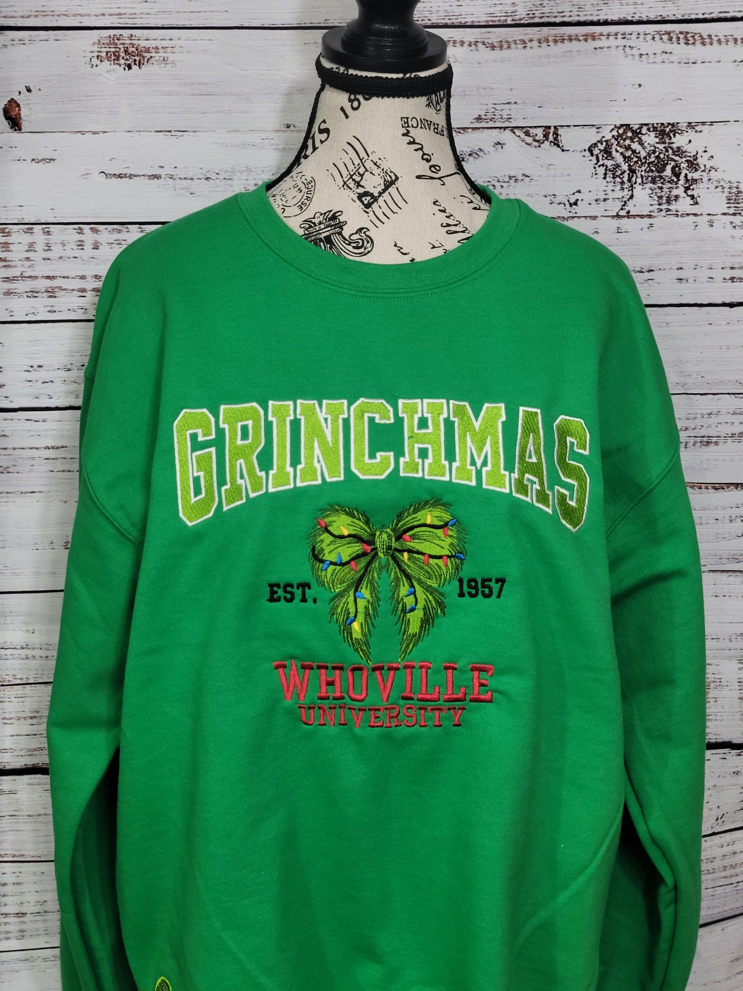 Grinchmas Whoville University Sweatshirt – Holiday Green Pullover with Side Bow Accent 🎄🎁