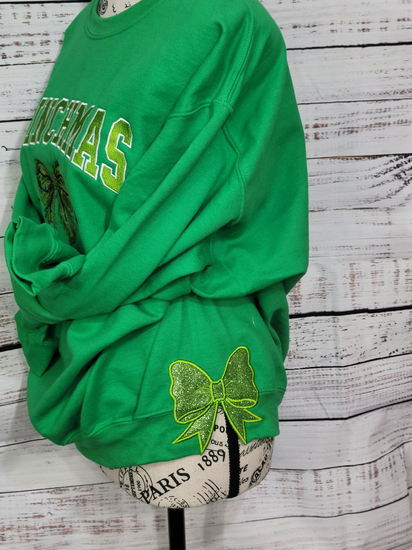 Grinchmas Whoville University Sweatshirt – Holiday Green Pullover with Side Bow Accent 🎄🎁