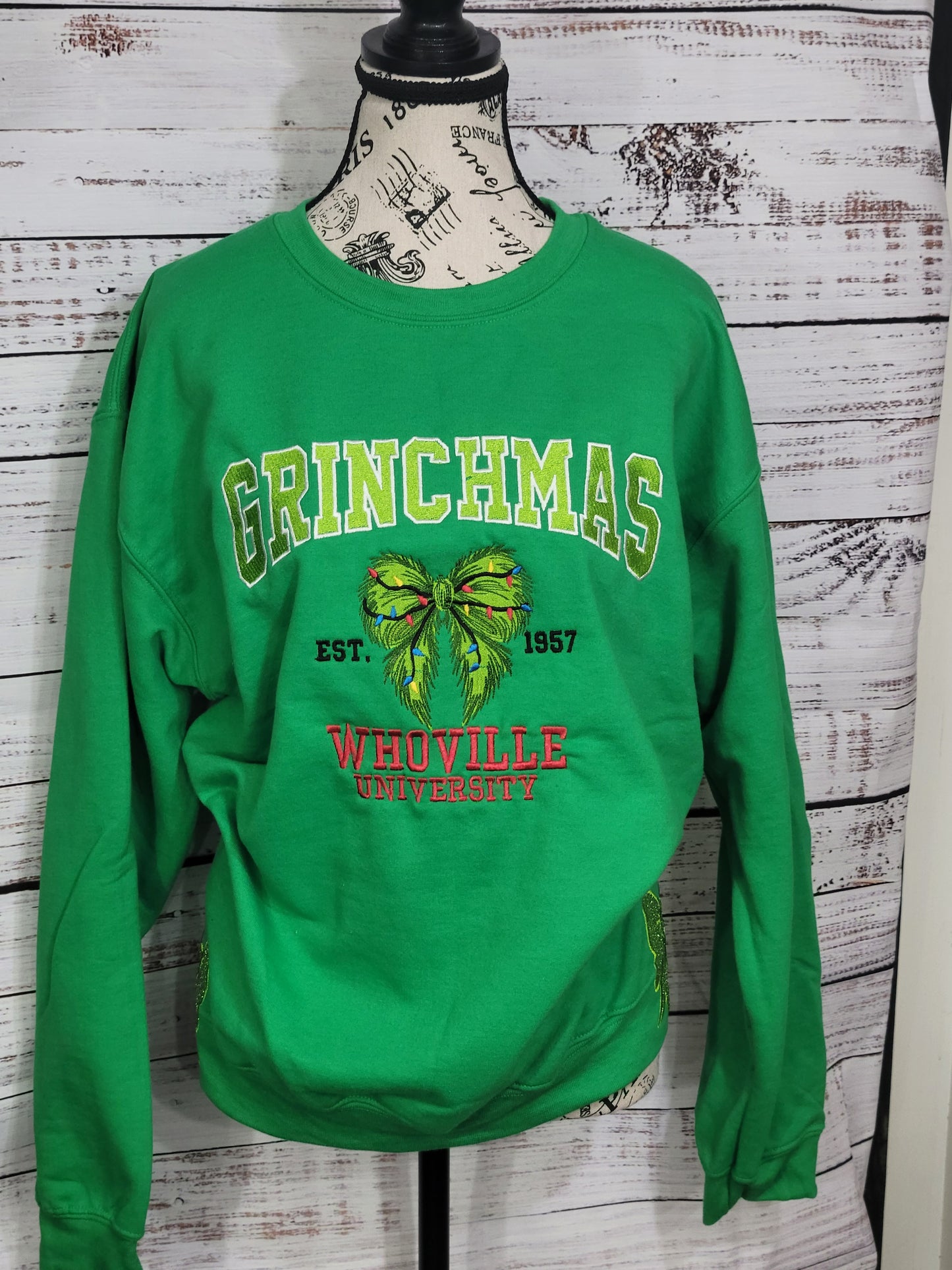 Grinchmas Whoville University Sweatshirt – Holiday Green Pullover with Side Bow Accent 🎄🎁