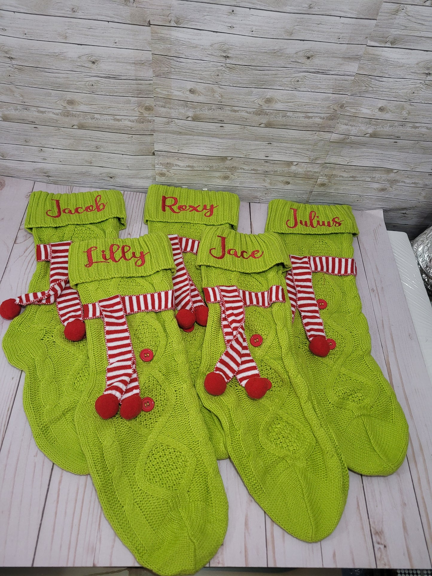Personalized Green Christmas Stocking with Red & White Scarf – Custom Name Holiday Stocking