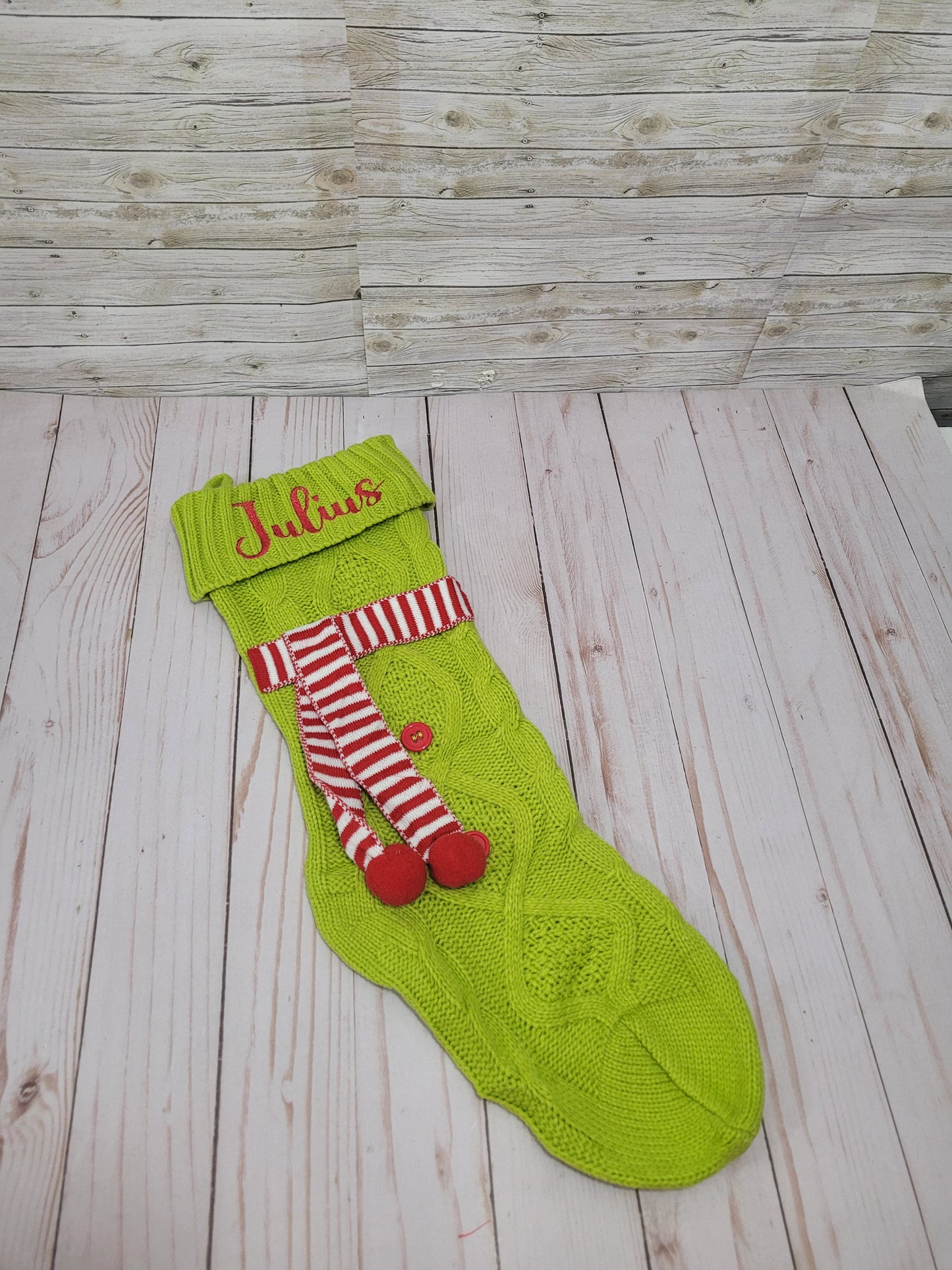 Personalized Green Christmas Stocking with Red & White Scarf – Custom Name Holiday Stocking