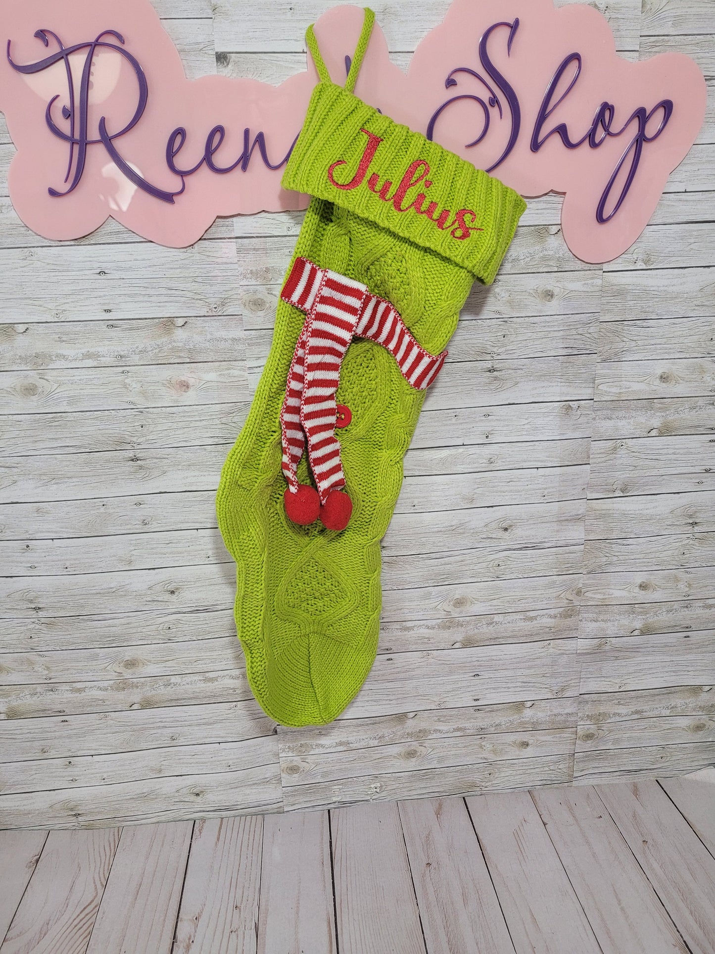 Personalized Green Christmas Stocking with Red & White Scarf – Custom Name Holiday Stocking