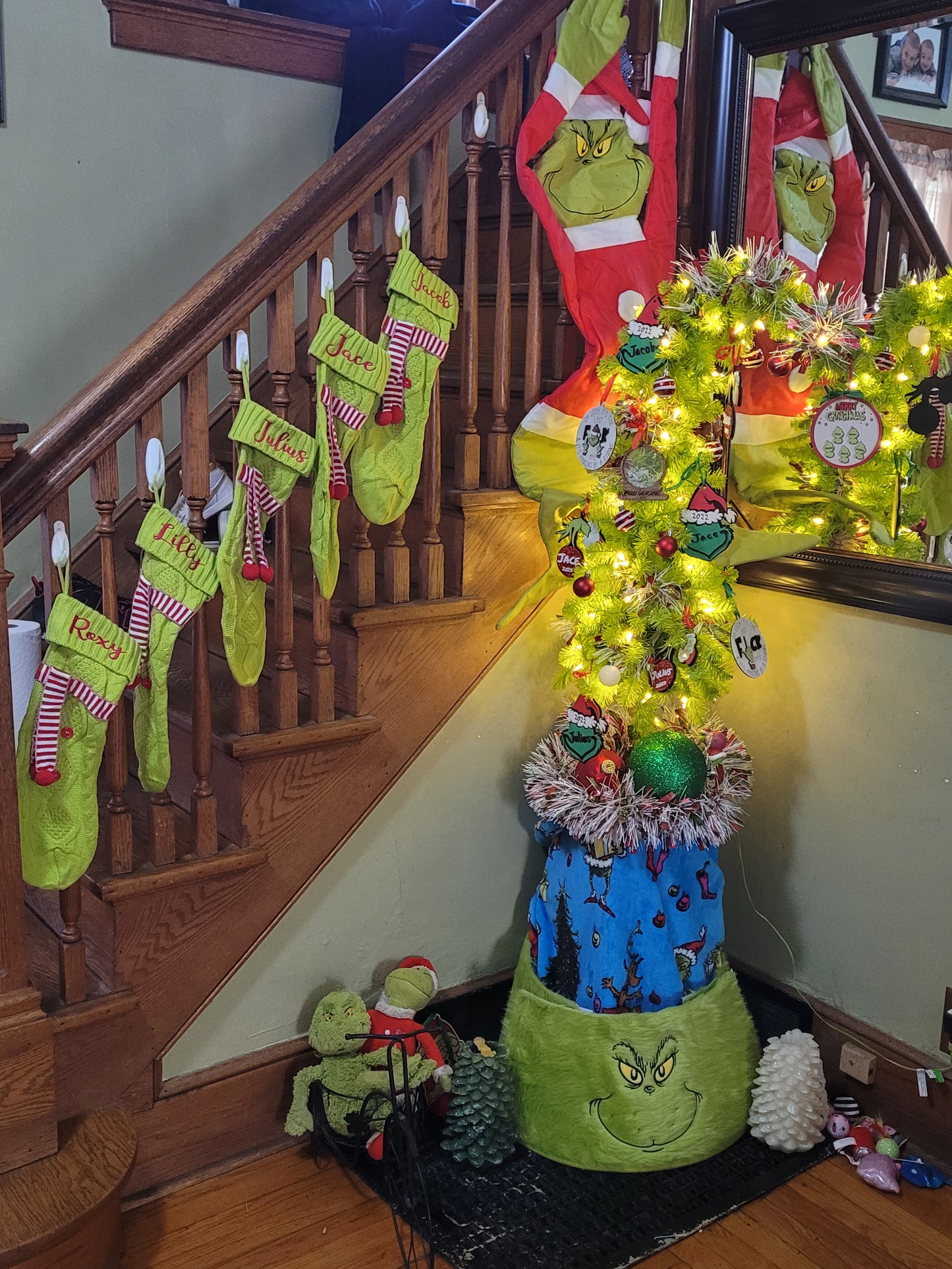 Personalized Green Christmas Stocking with Red & White Scarf – Custom Name Holiday Stocking