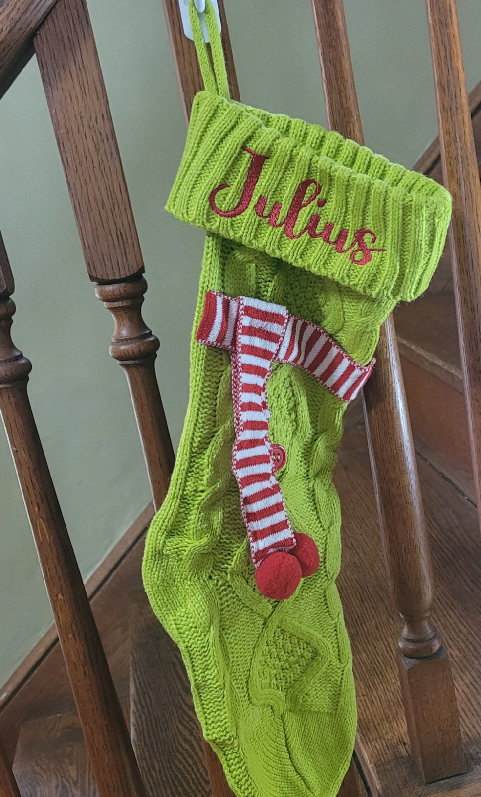 Personalized Green Christmas Stocking with Red & White Scarf – Custom Name Holiday Stocking
