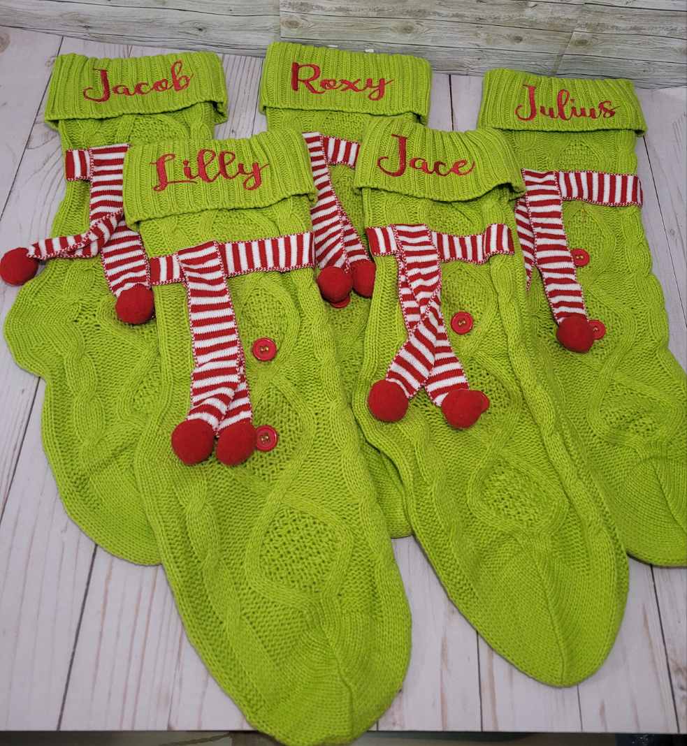 Personalized Green Christmas Stocking with Red & White Scarf – Custom Name Holiday Stocking