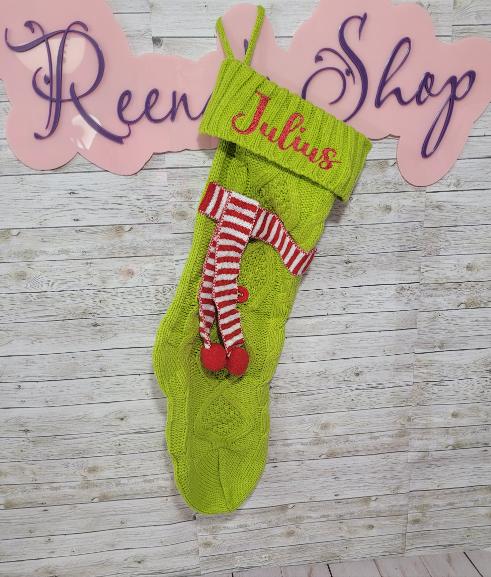 Personalized Green Christmas Stocking with Red & White Scarf – Custom Name Holiday Stocking