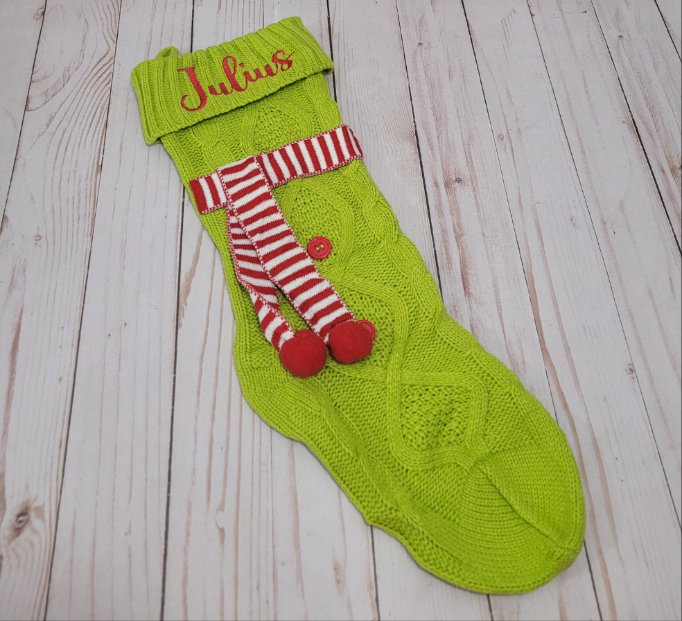 Personalized Green Christmas Stocking with Red & White Scarf – Custom Name Holiday Stocking