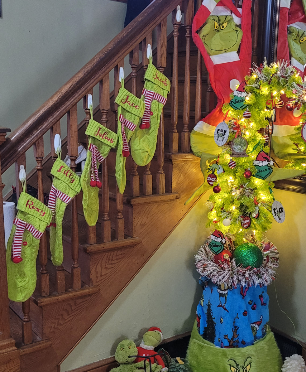 Personalized Green Christmas Stocking with Red & White Scarf – Custom Name Holiday Stocking