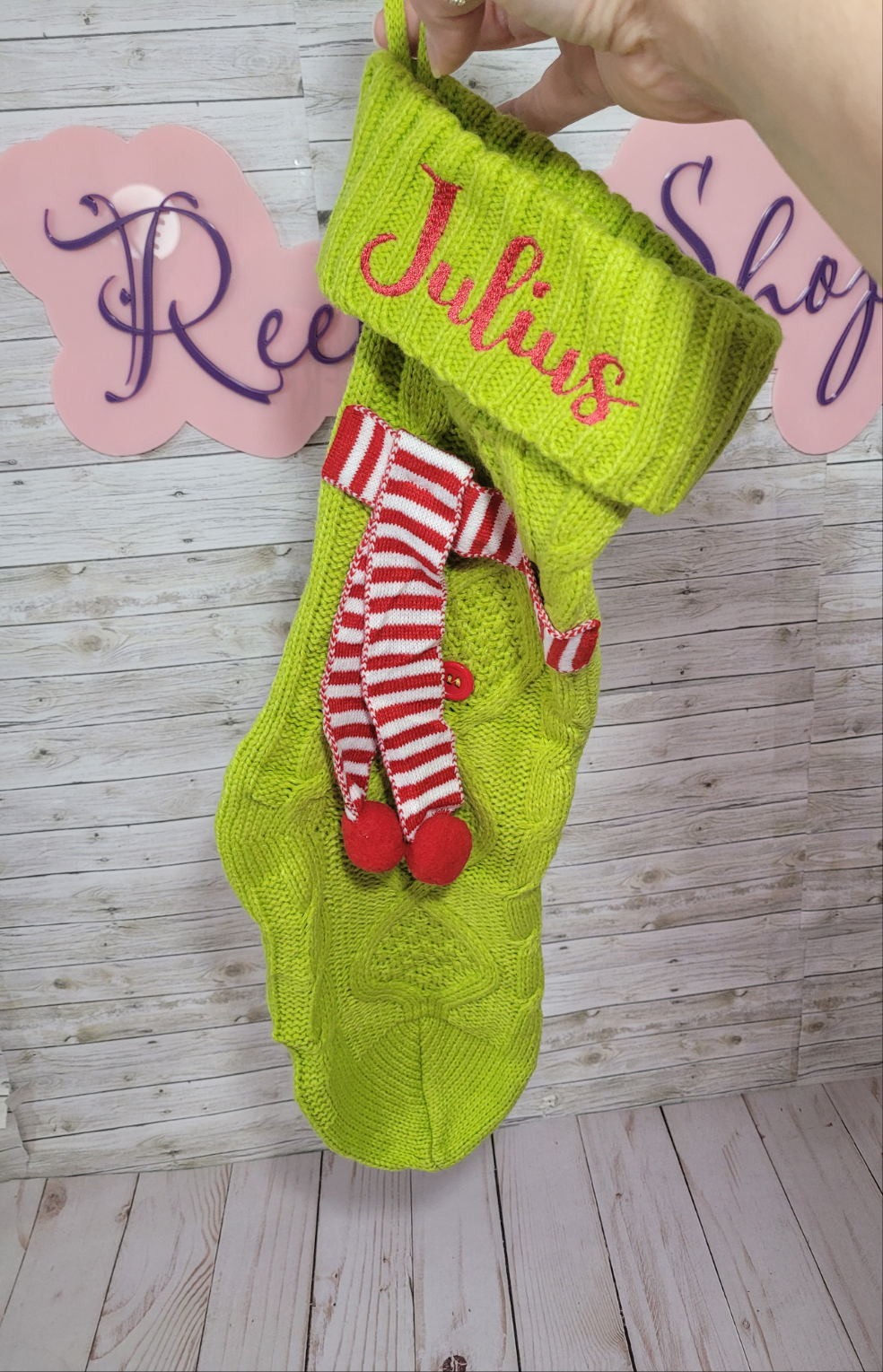 Personalized Green Christmas Stocking with Red & White Scarf – Custom Name Holiday Stocking