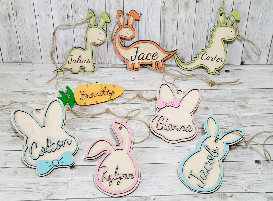Personalized Easter Name Tags – Bunny, Dinosaur & Carrot Gift Tags